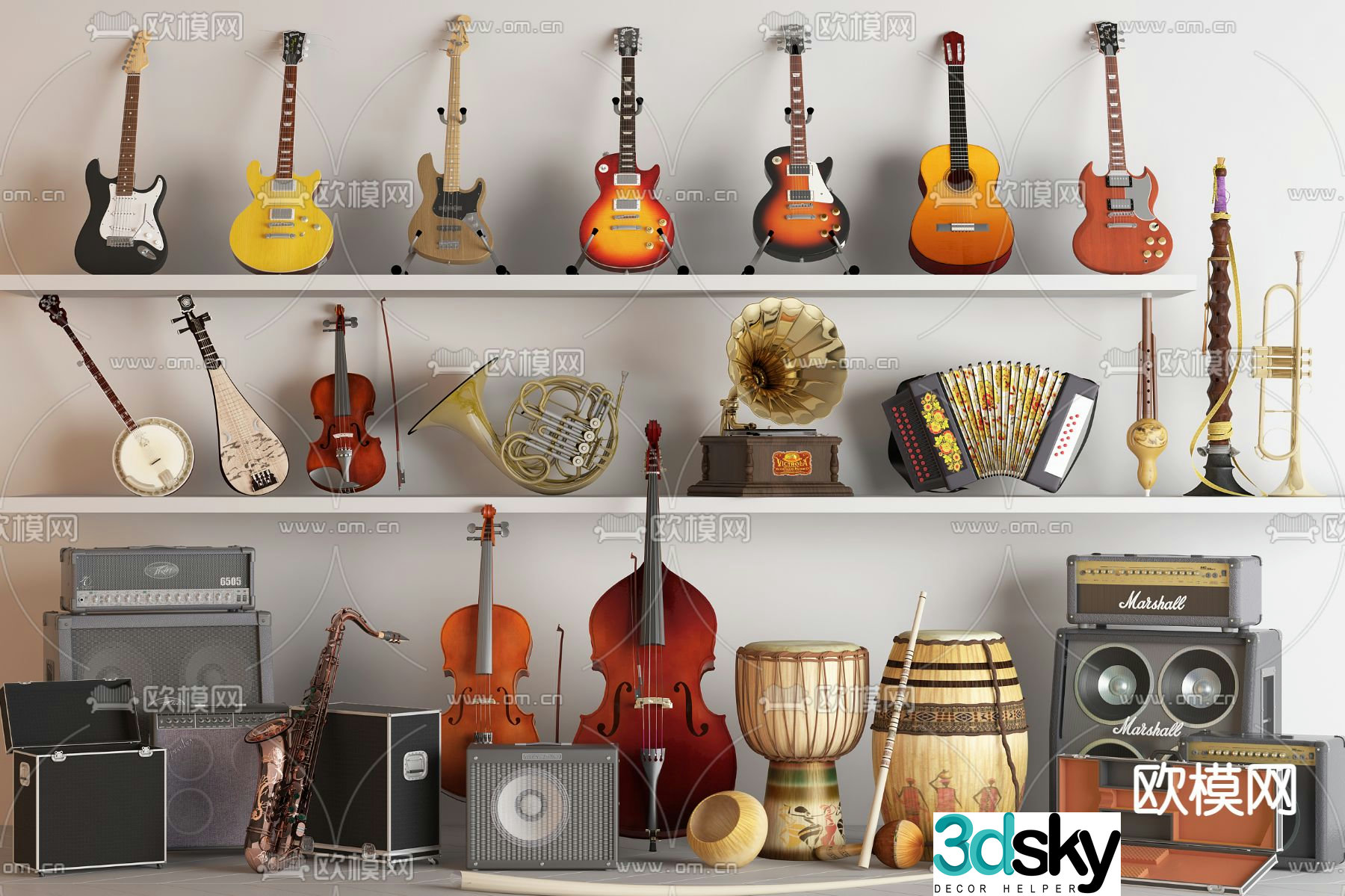 guitar accordion saxophone tambourine 3d model