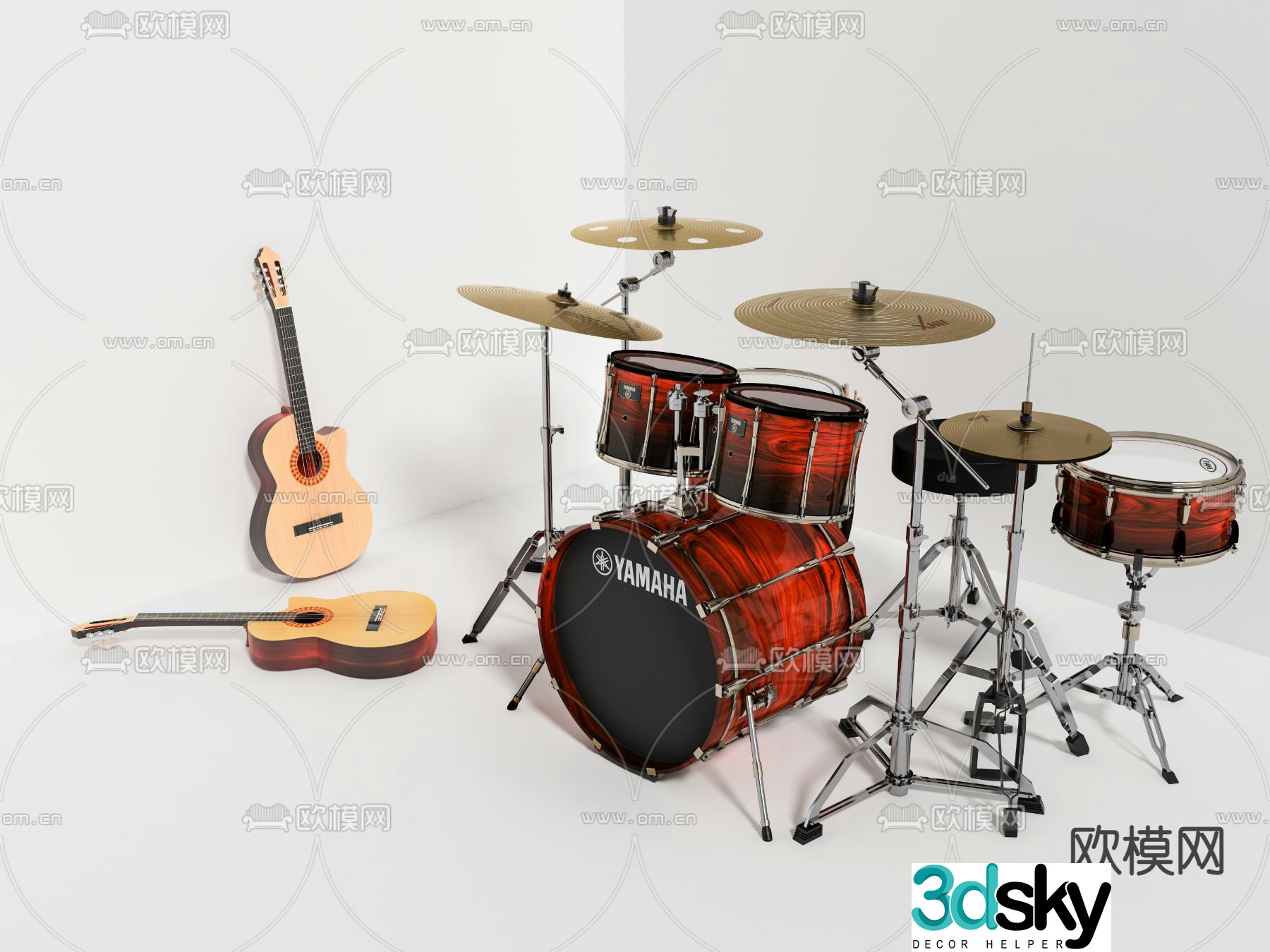 drum set guitar musical instrument 3d model