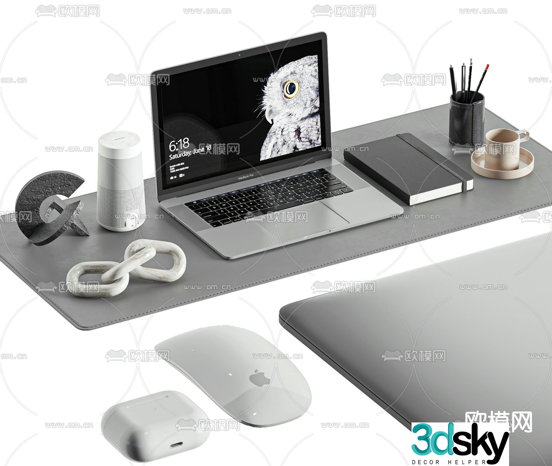 Office accessories notebook mouse headset 3d model