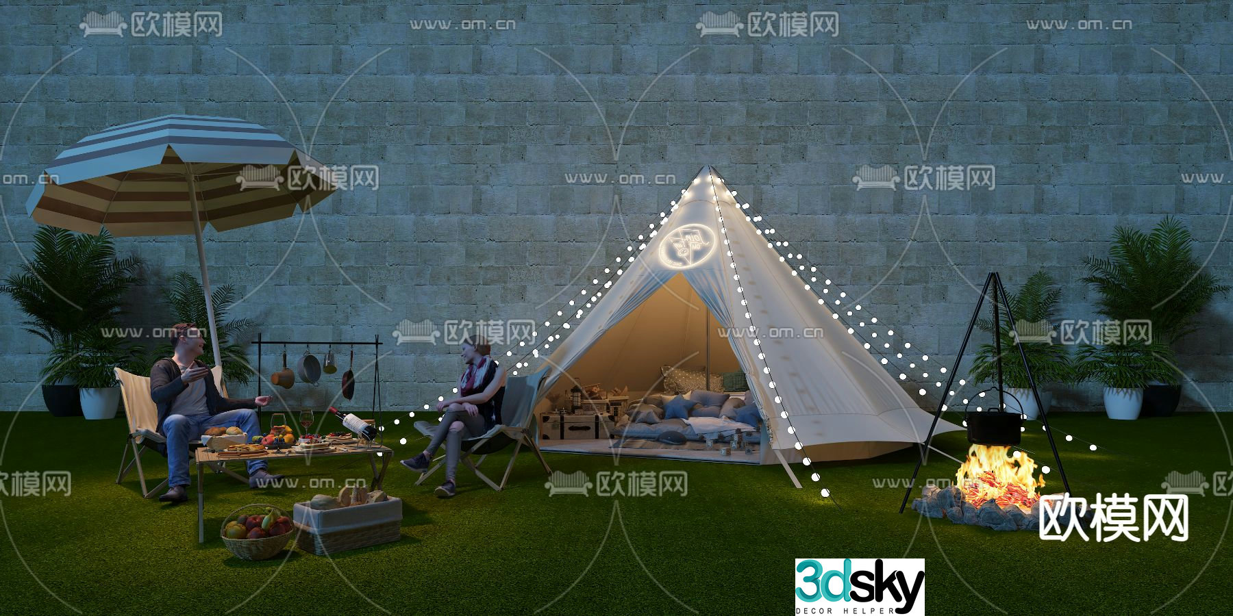 tent parasol campsite 3d model