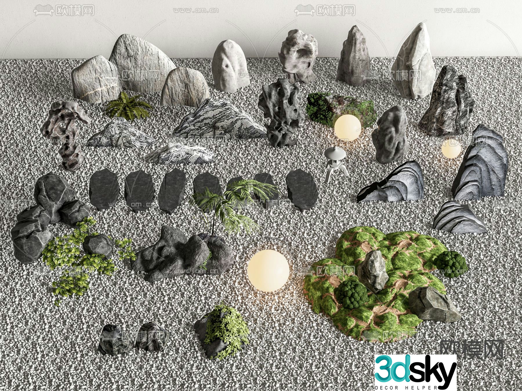 Landscape stones pebbles moss stones 3d model