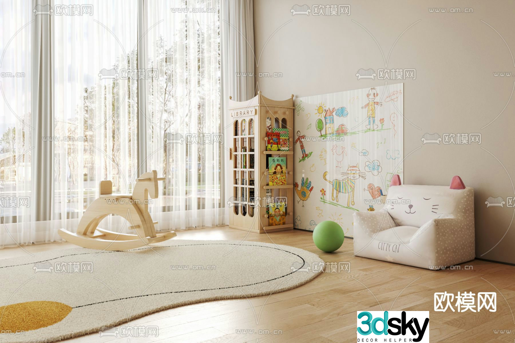 Children’s toys wooden horses beanbags bookcases 3D model