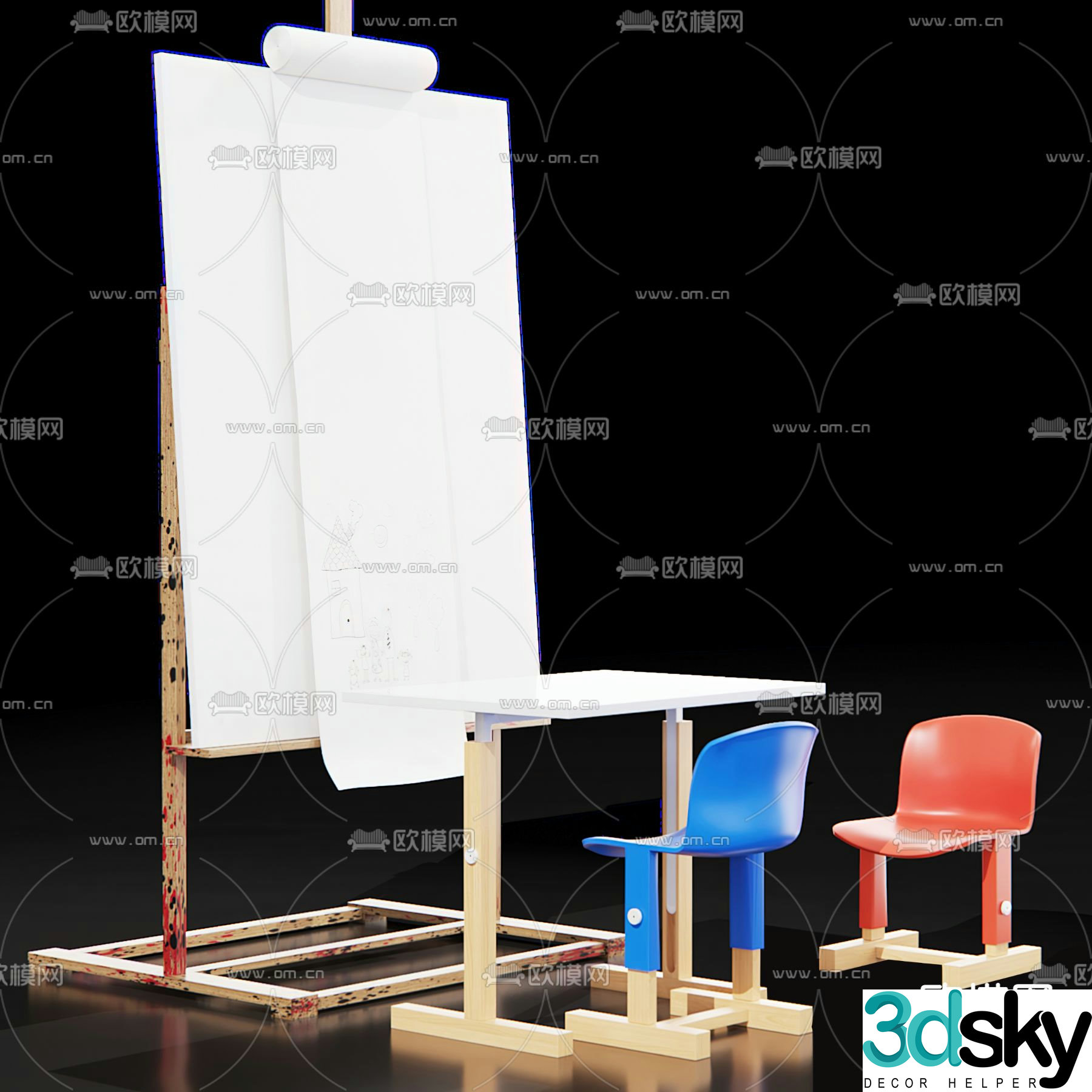 Drawing board children’s table and chair handmade table and chair 3d model