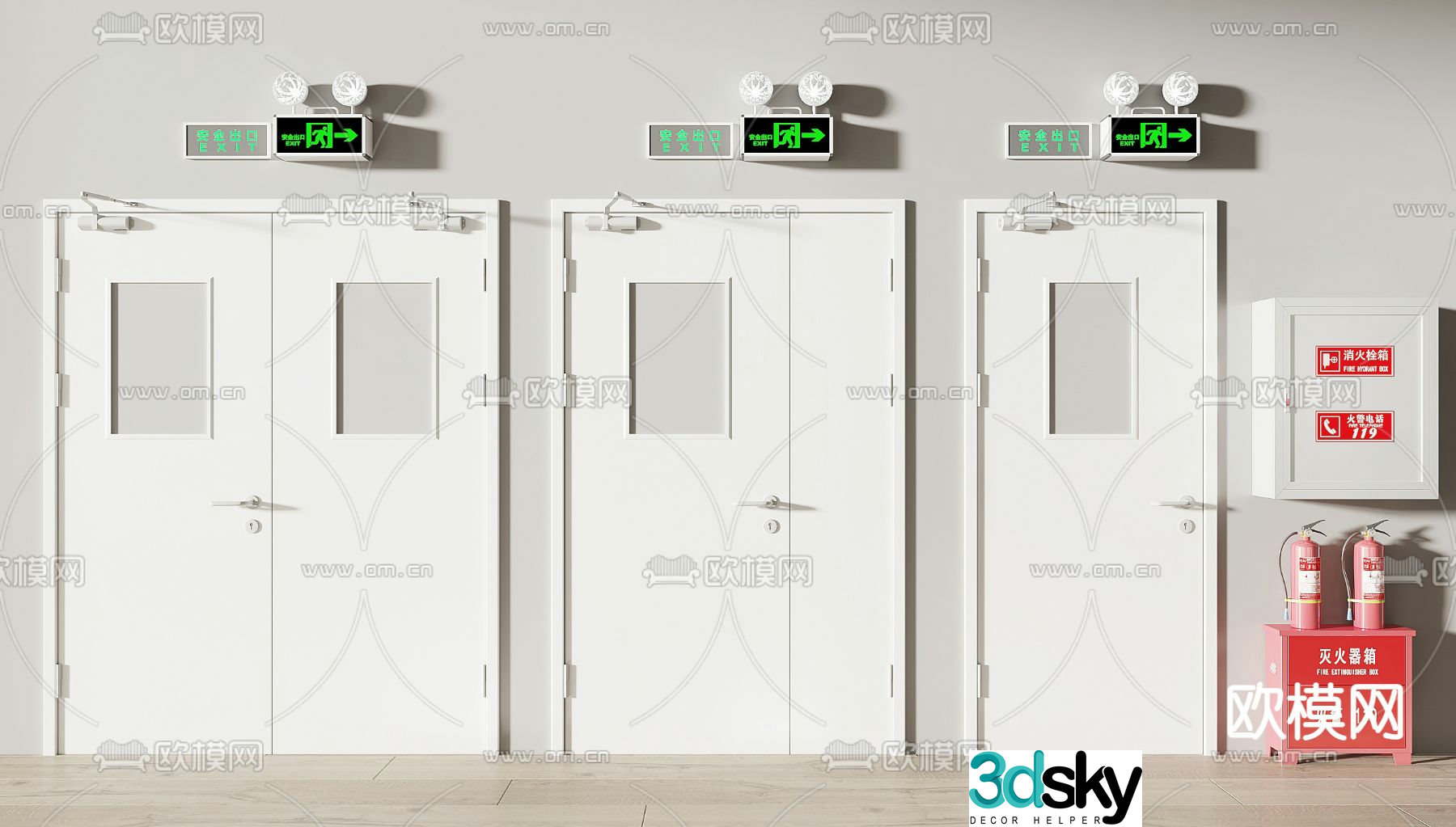 Fire door emergency light safety exit fire hydrant 3d model