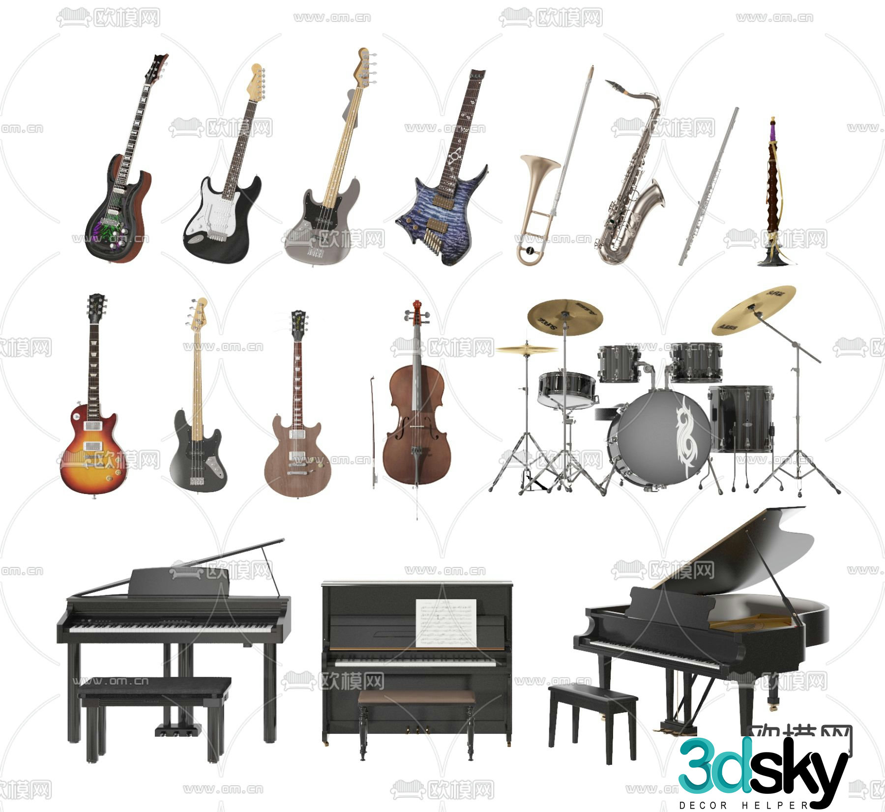 Guitar Trombone Violin Piano Drum 3d model