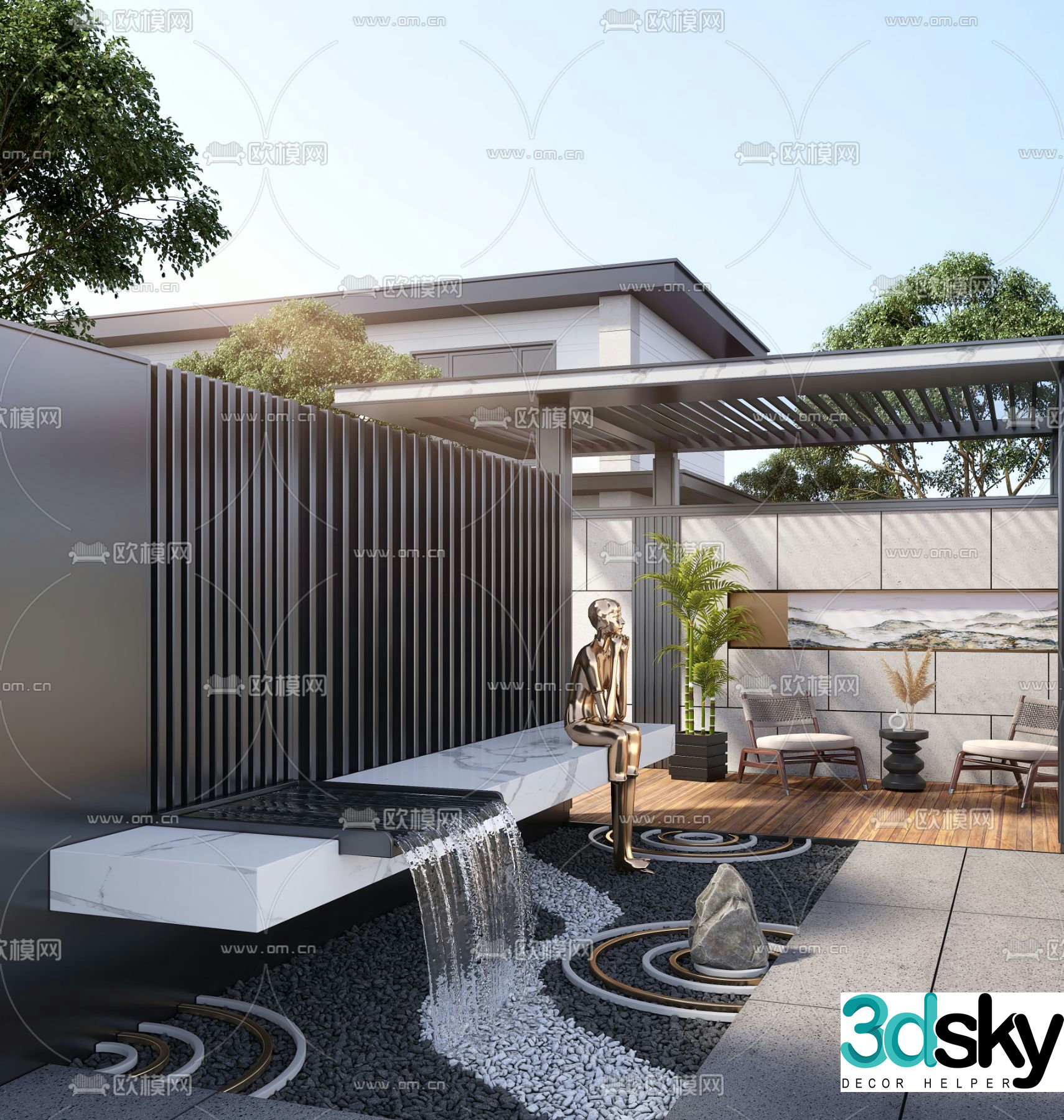 Courtyard water feature wall flowing water 3D model