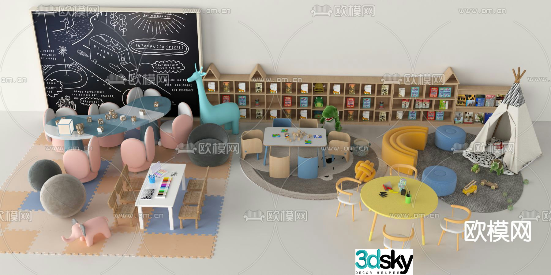 Children’s table and chair bookshelf blackboard wall 3d model