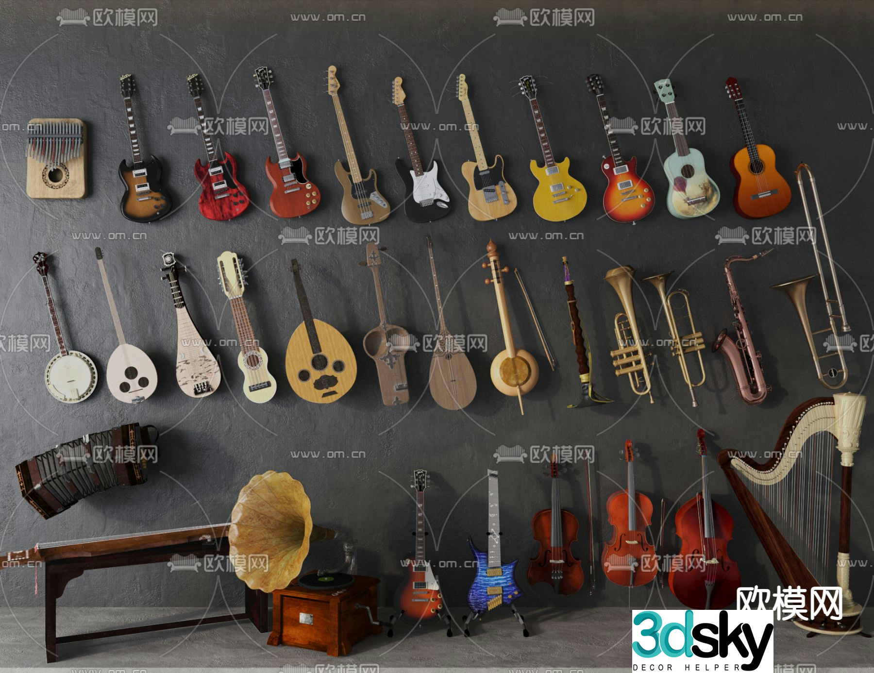 musical instrument guitar guzheng harp 3d model