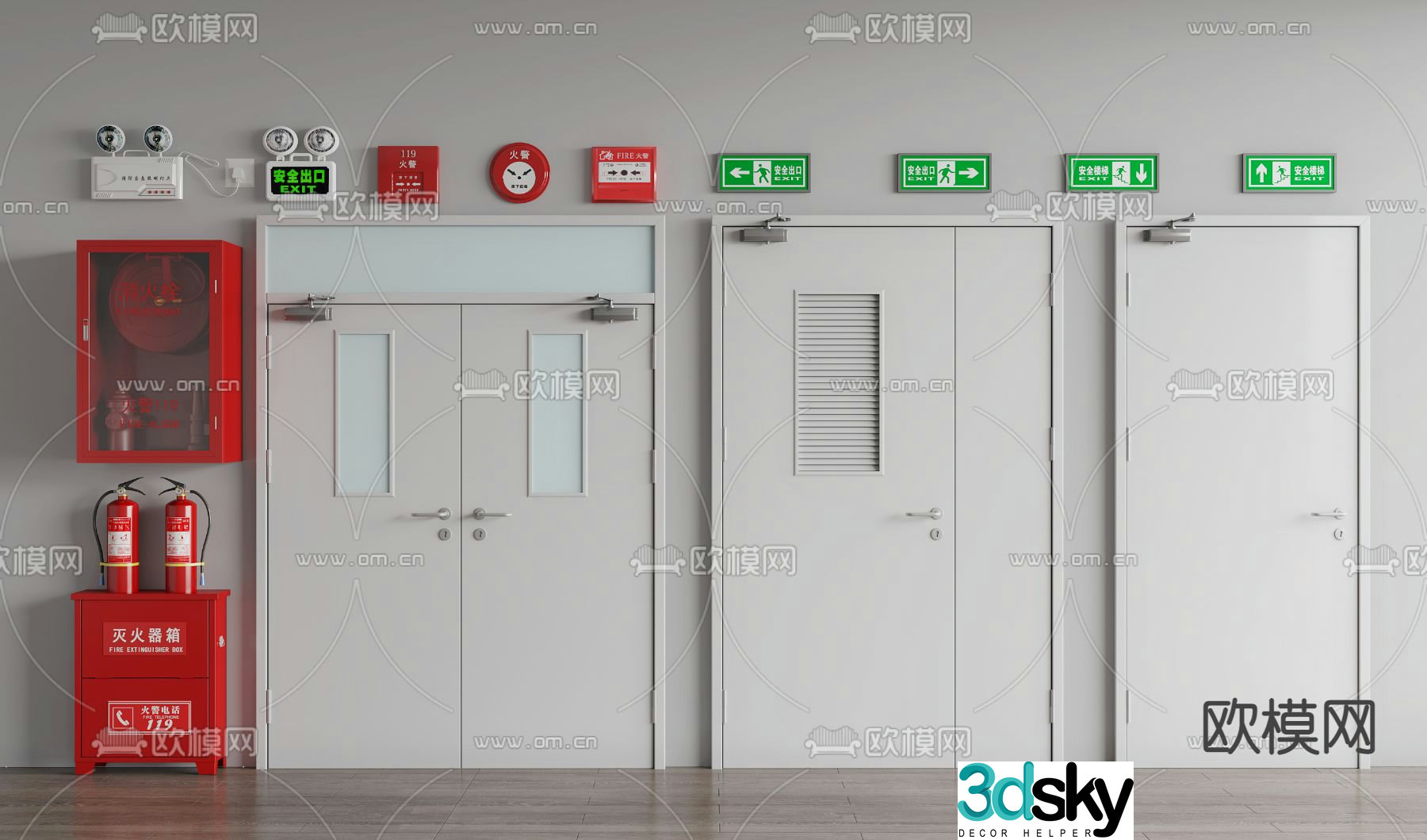 Fire extinguisher emergency light fire door 3d model
