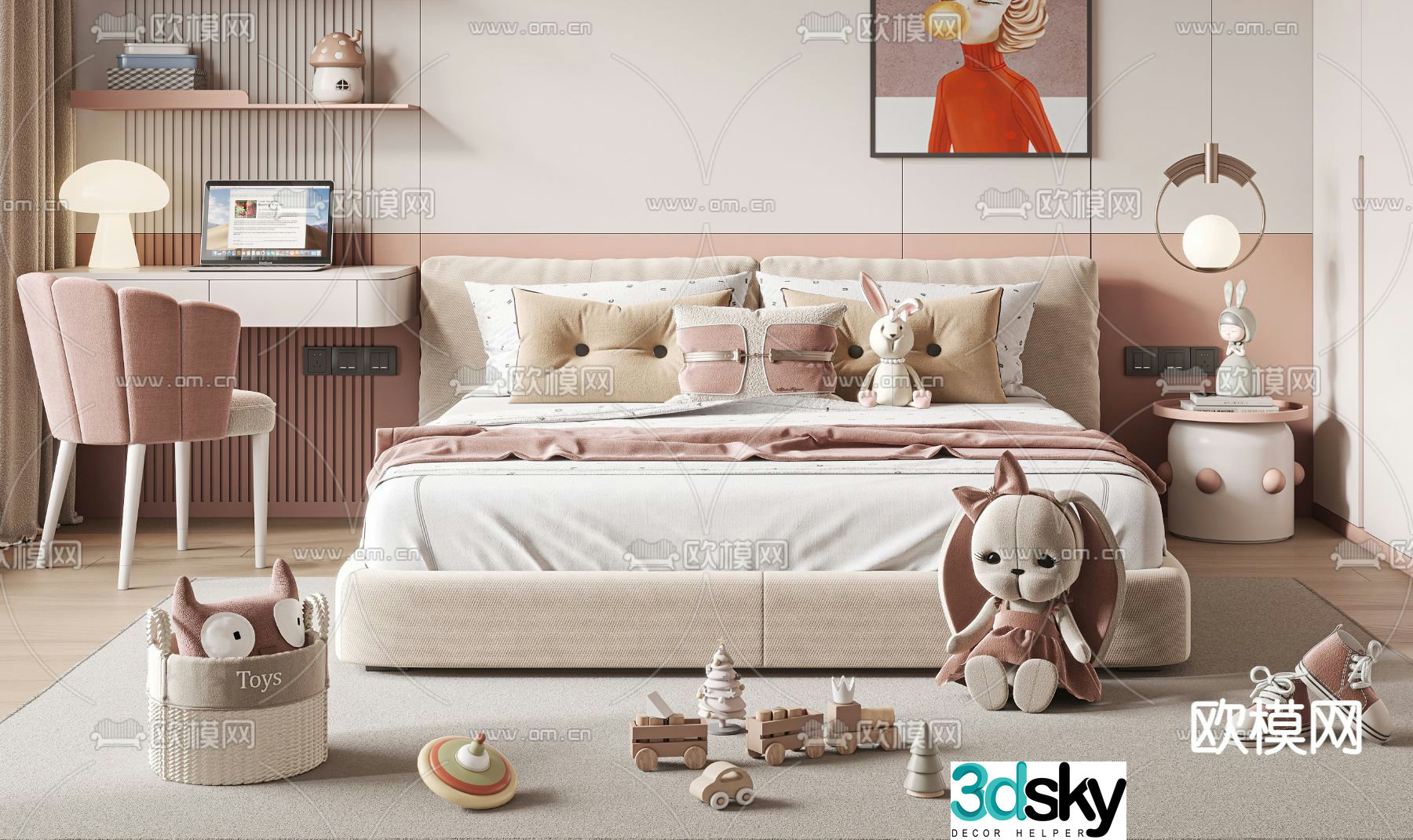 Fabric double bed girl bed 3d model