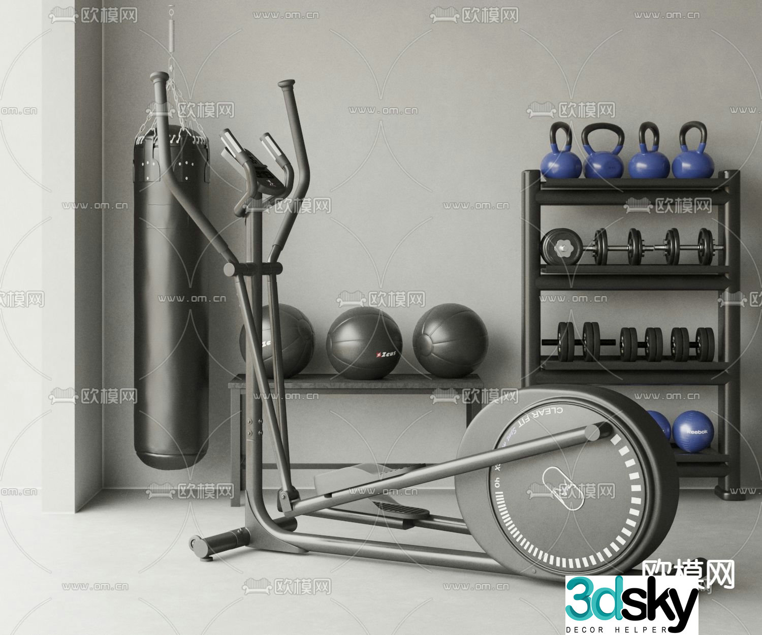 Boxing punching bag treadmill dumbbell kettlebell 3d model
