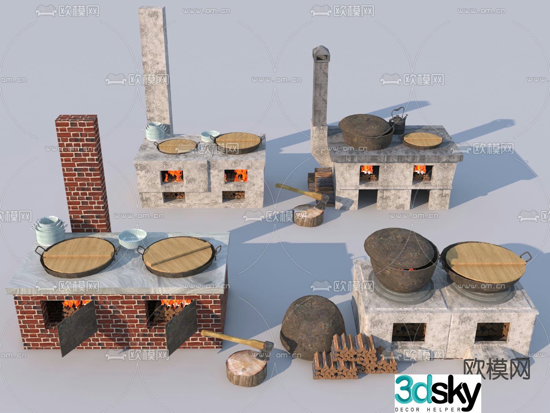 Rural stove ax firewood 3d model