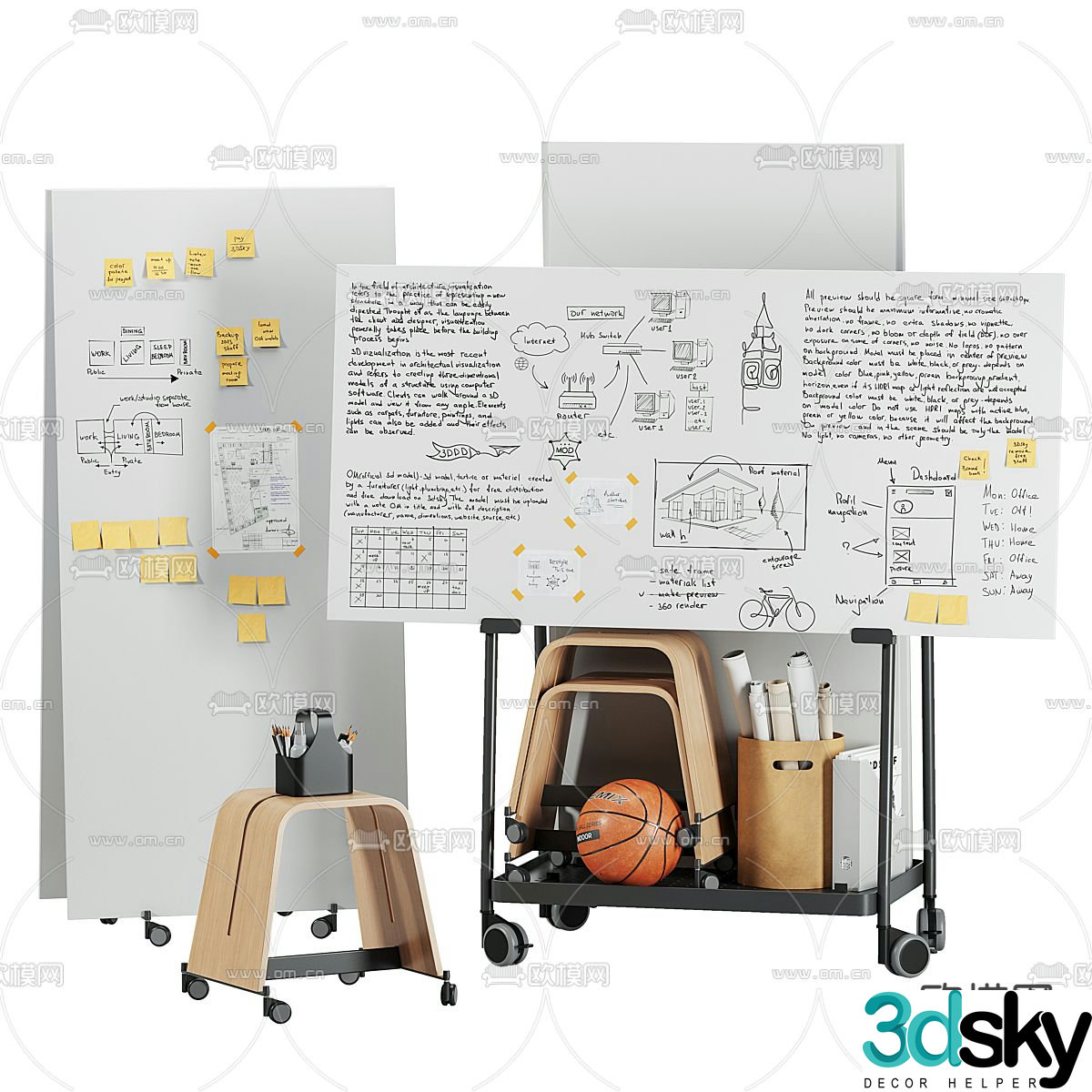 Note board mobile whiteboard 3d model