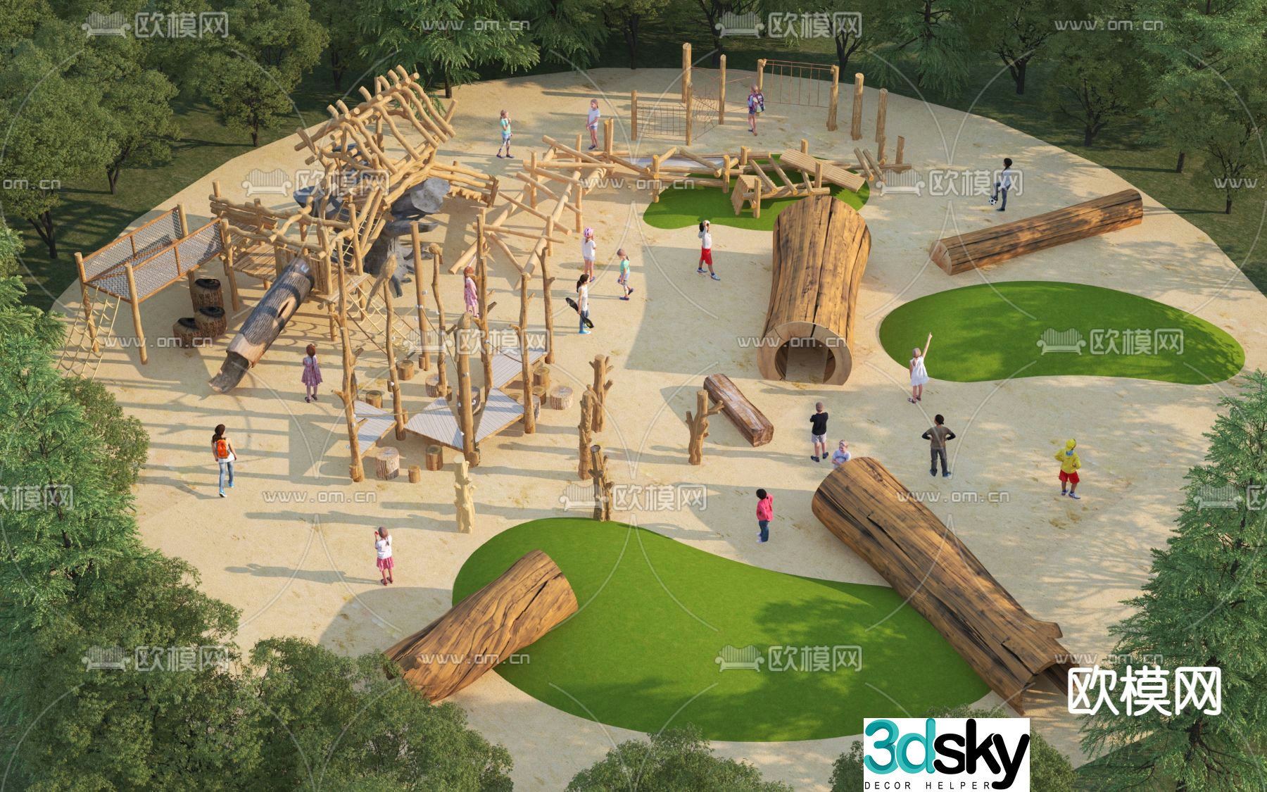 Children's climbing frame wooden facilities amusement park 3d model