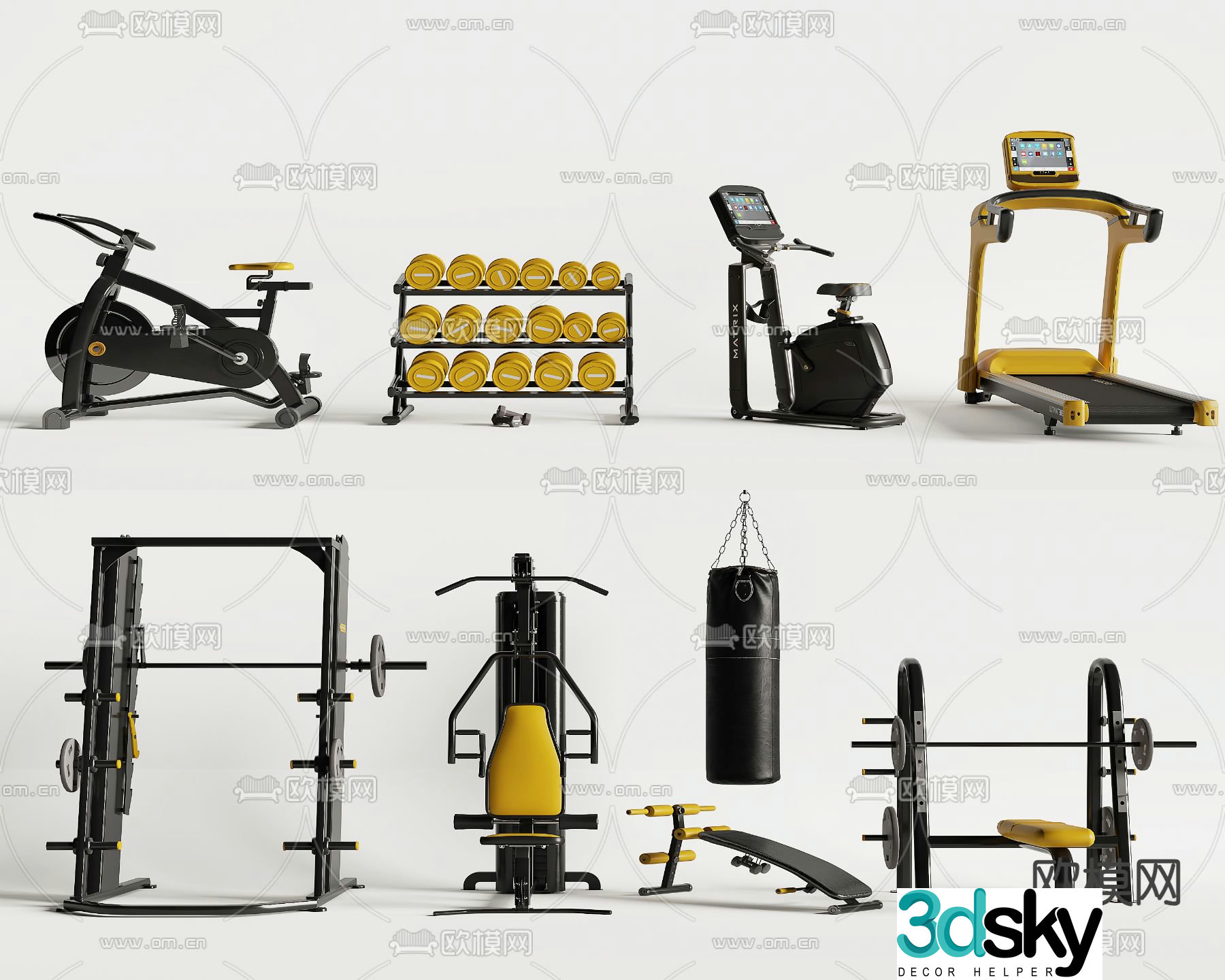 Dumbbell treadmill sandbag power bike 3d model