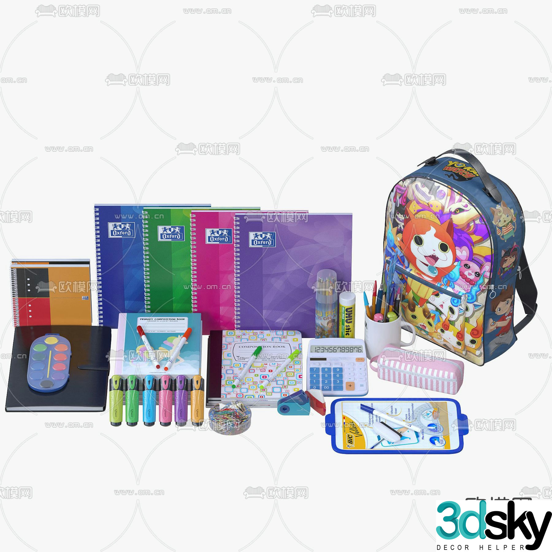 School supplies notebooks paintbrushes children’s stationery 3d model