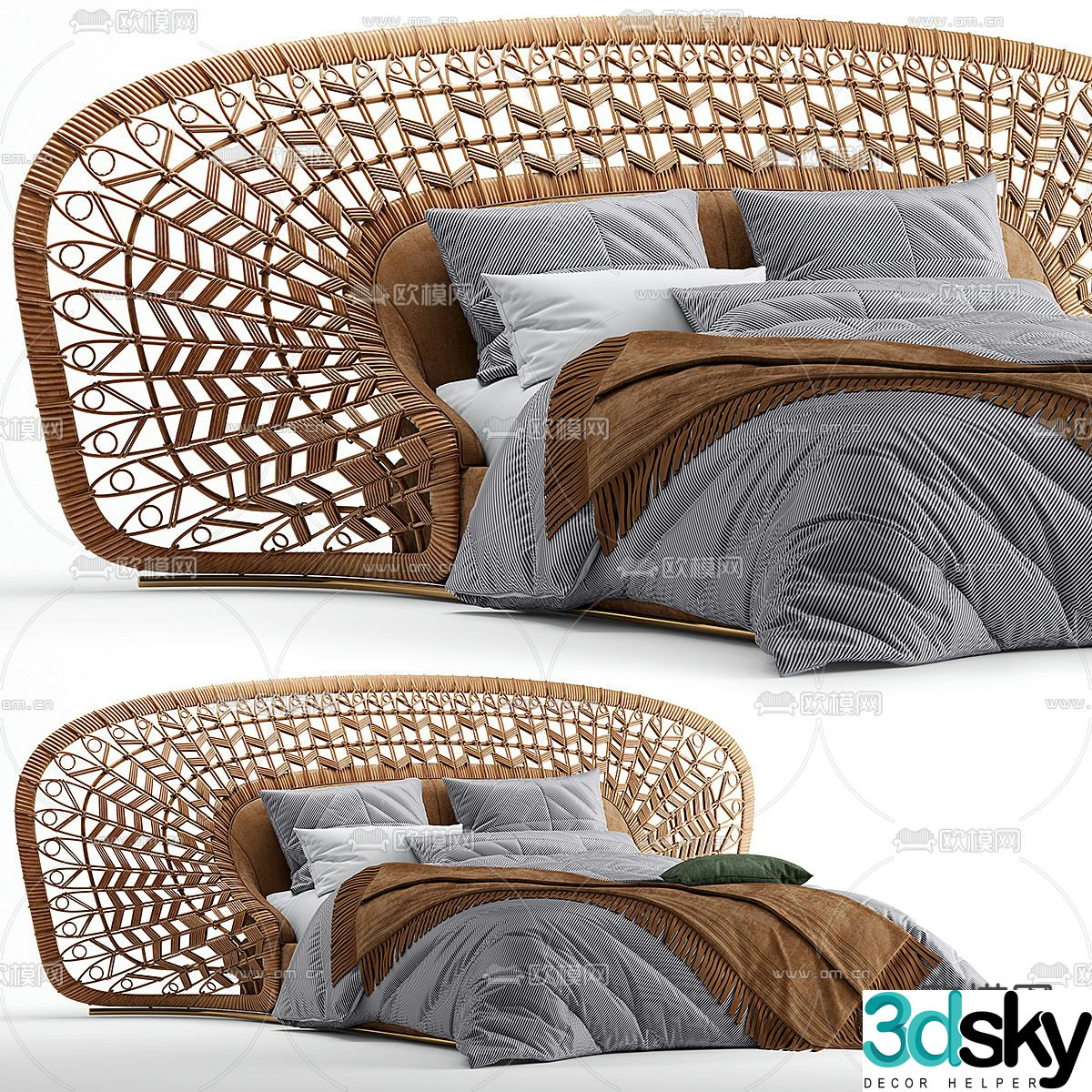 Rattan double bed bedroom bed 3d model