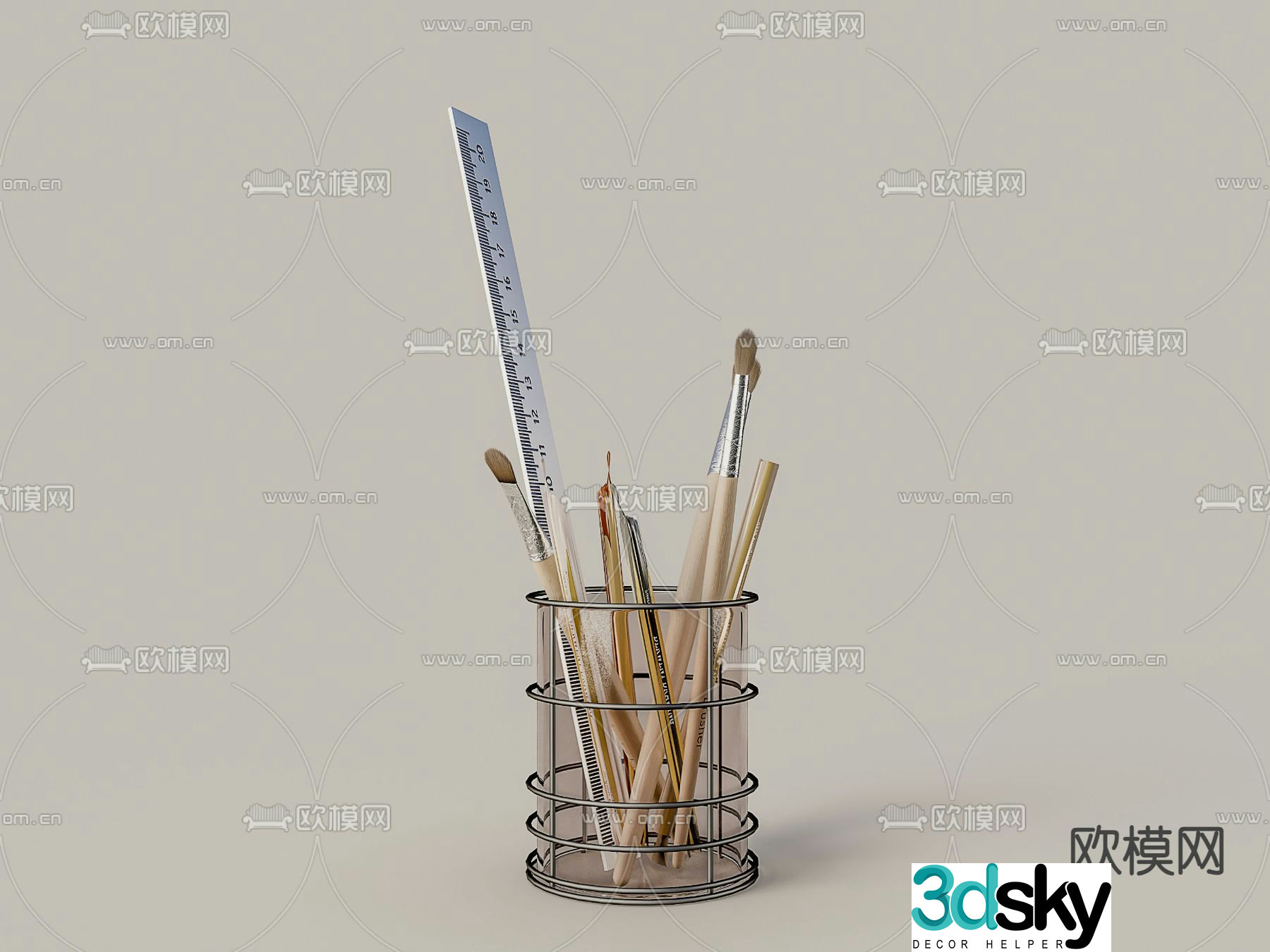 Paintbrush writing brush pen holder ruler 3d model