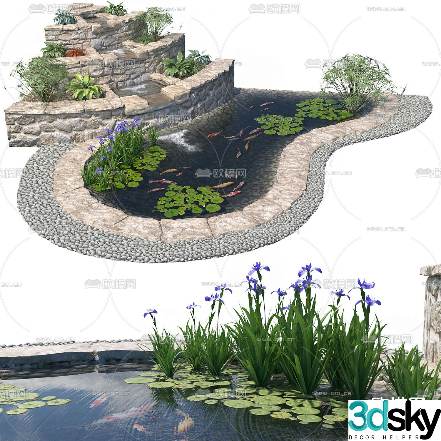 Fish pond waterscape mountain rock landscape 3d model