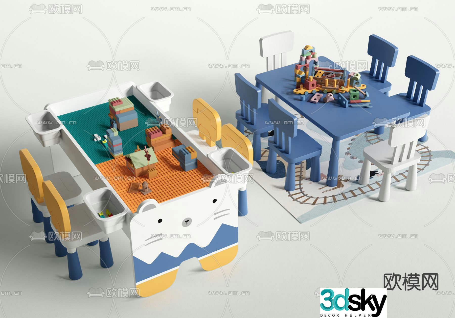Building block table children’s chair toy table 3d model
