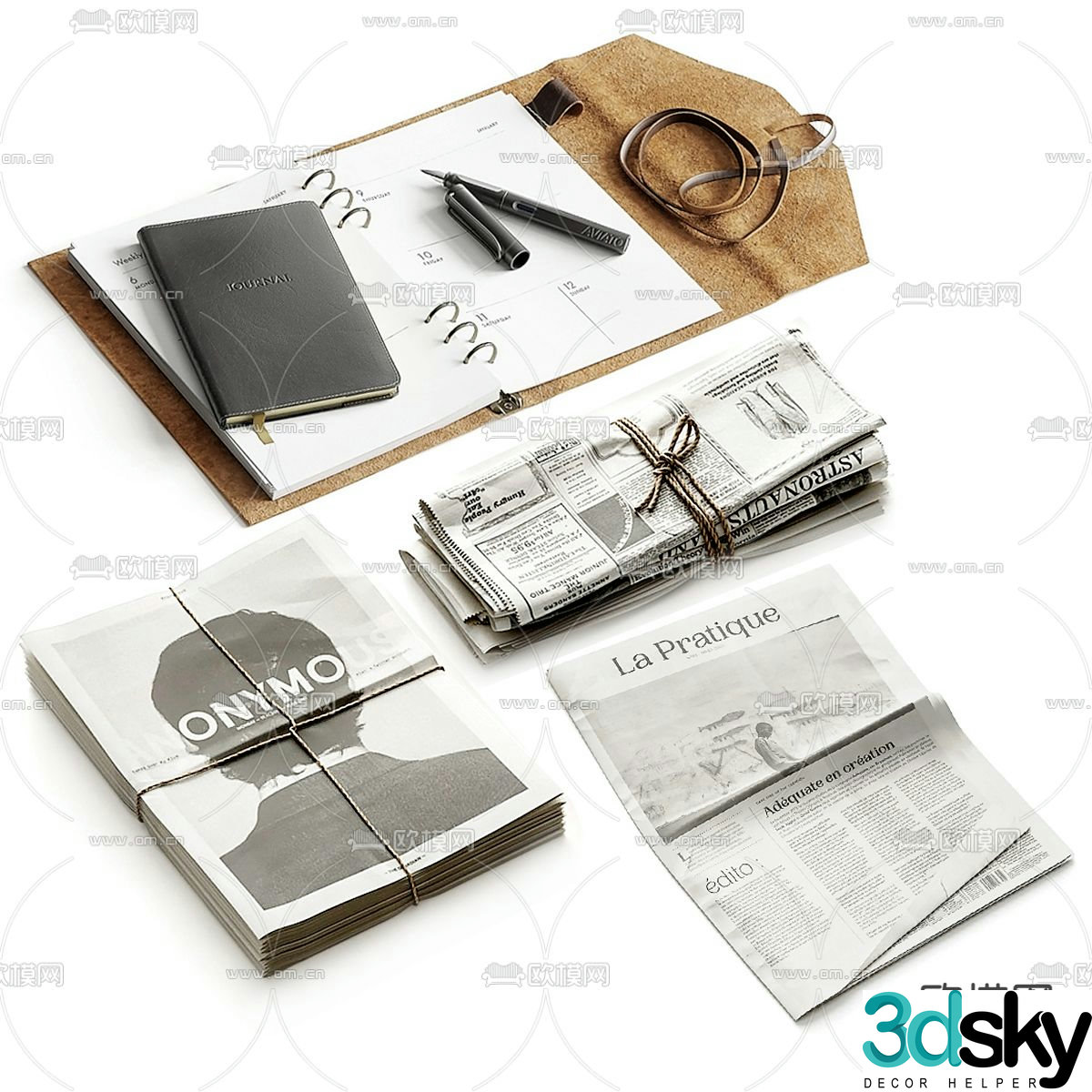 Newspapers books magazines office supplies 3D model
