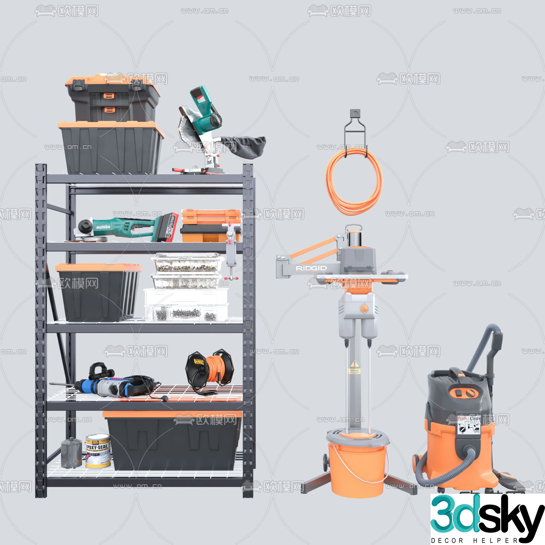 Toolbox, chainsaw, electric drill 3d model