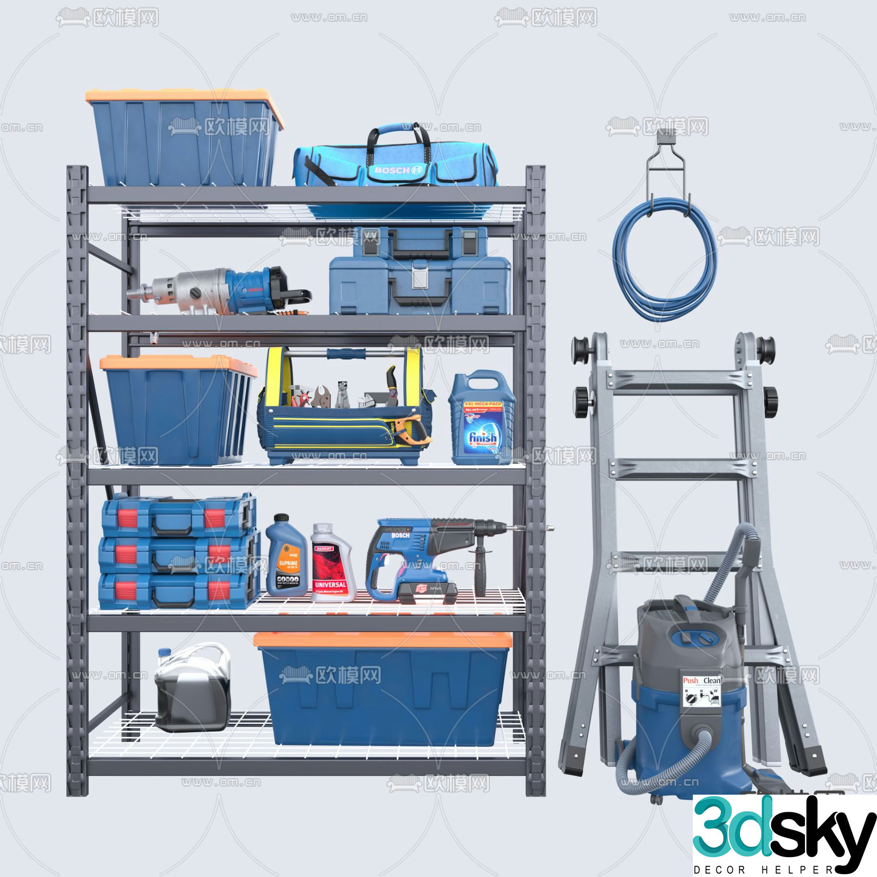 Toolbox, chainsaw, electric drill 3d model
