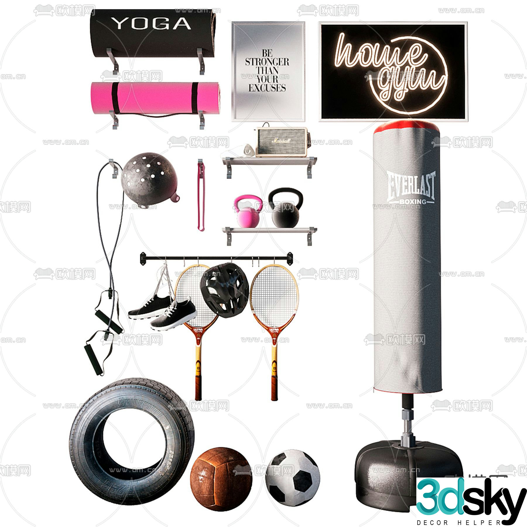 Sports equipment sandbag tennis racket skipping rope 3d model