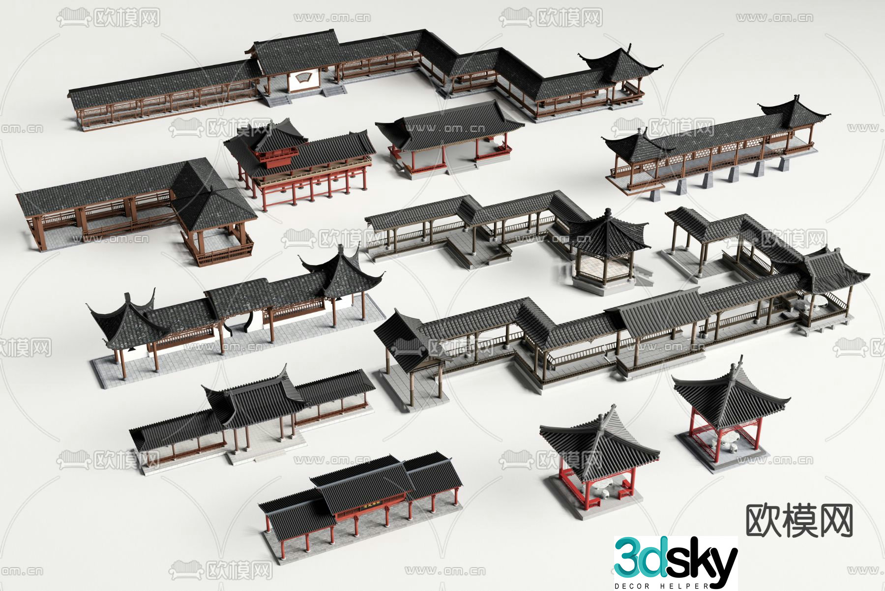 Chinese-style promenade corridor corridor four-corner pavilion 3D model