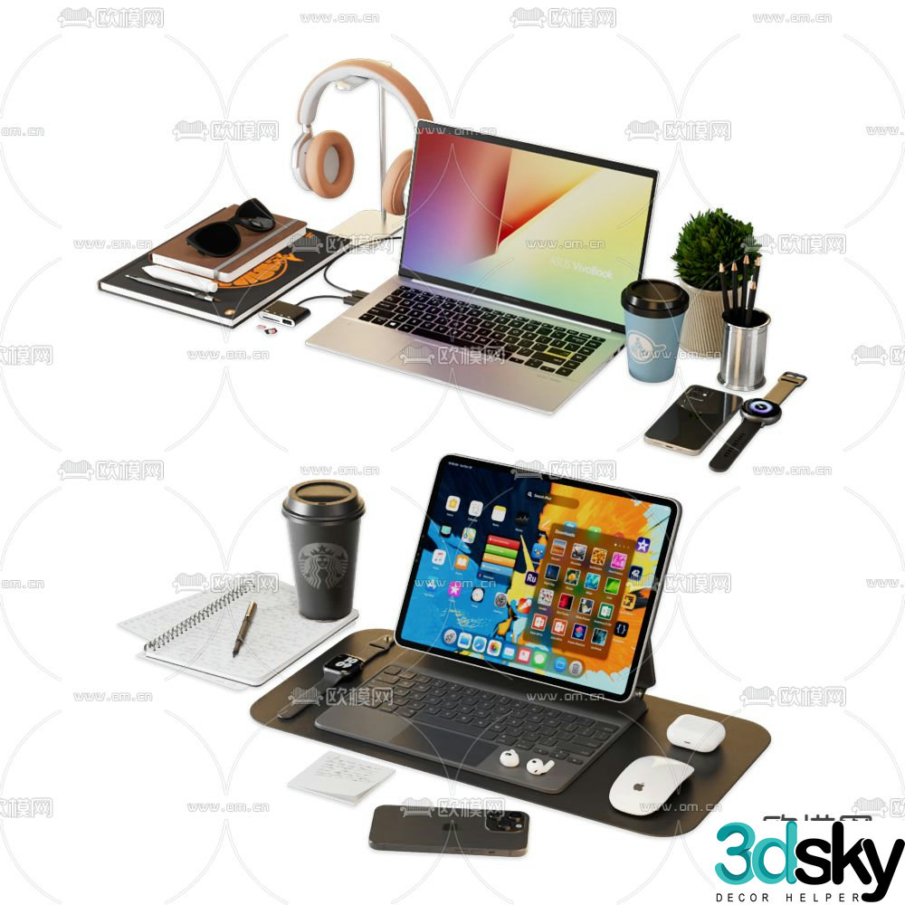 office supplies laptop mobile phone 3d model