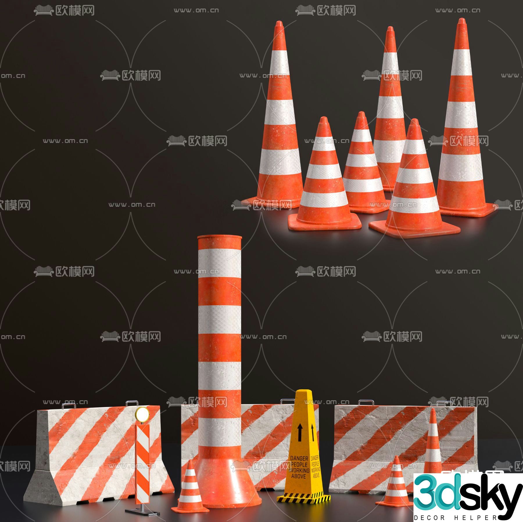 roadblock road sign traffic cone 3d model