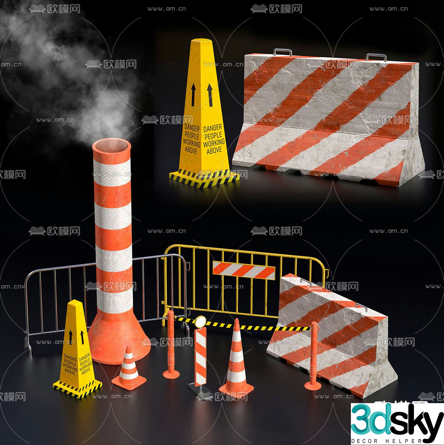 roadblock road sign traffic cone isolation belt 3d model