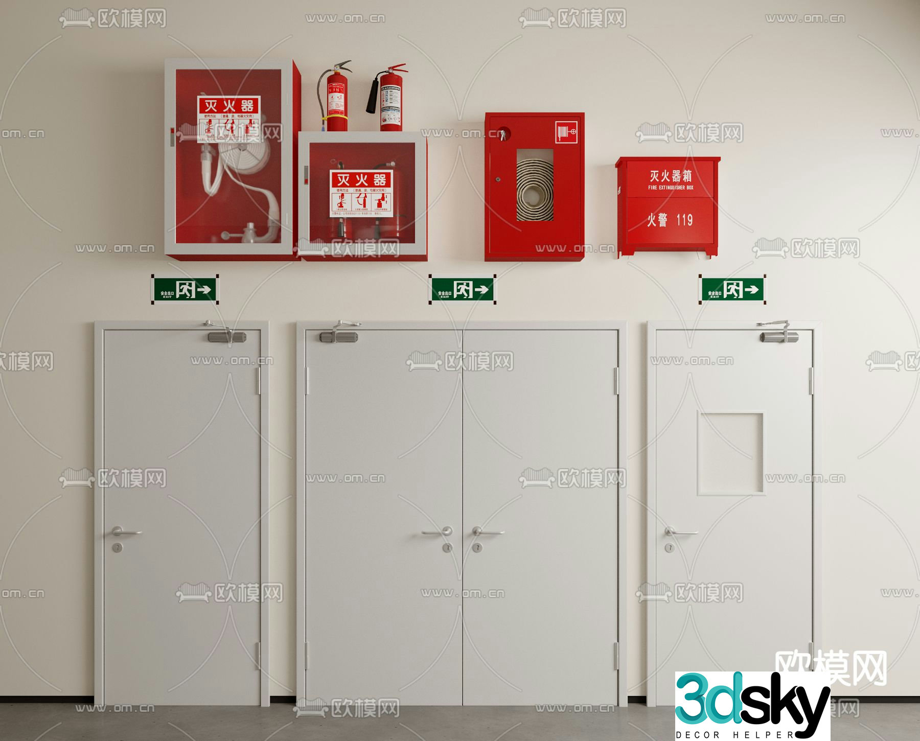 Fire door fire hydrant emergency lighting escape door safety door 3d model