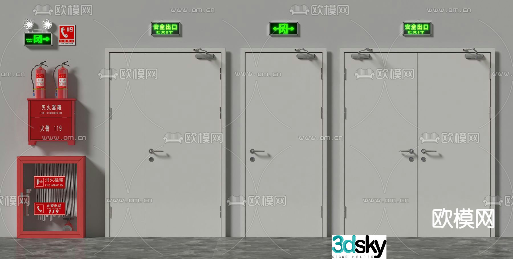 fire door fire door fire hydrant fire extinguisher safety exit 3d model