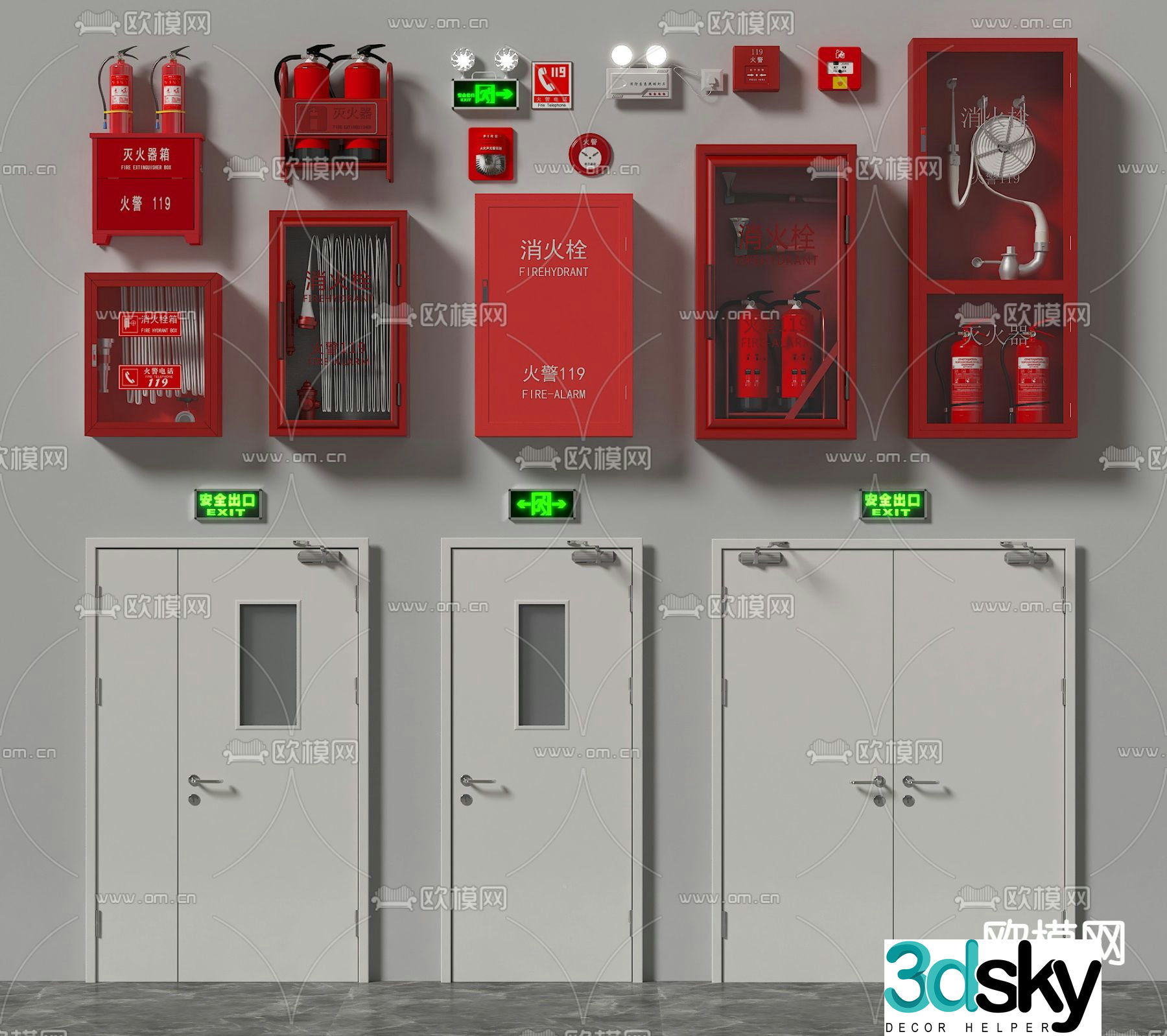 fire door fire door fire hydrant fire extinguisher safety exit 3d model