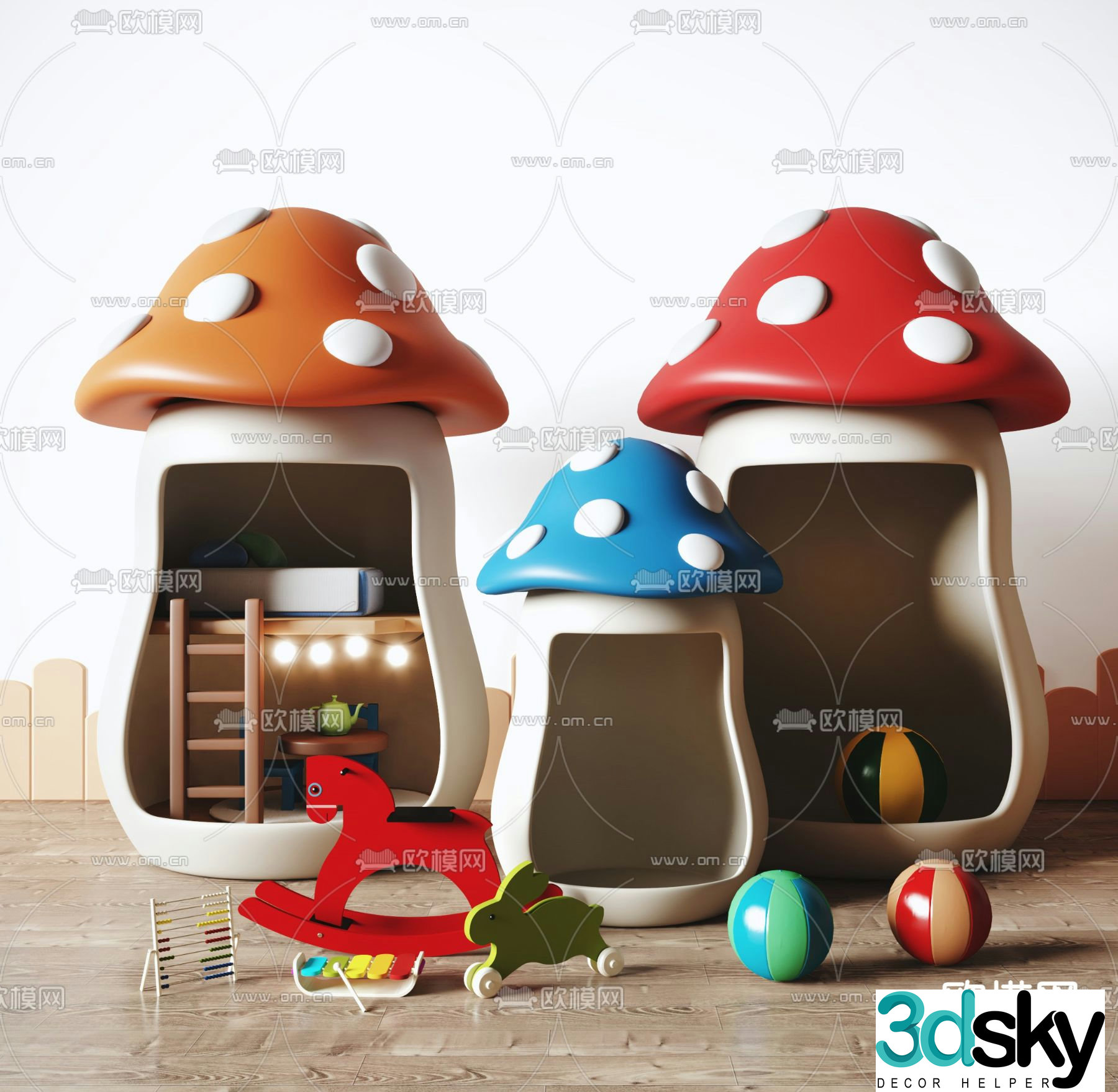 Mushroom house children’s toys wooden horse ball 3d model