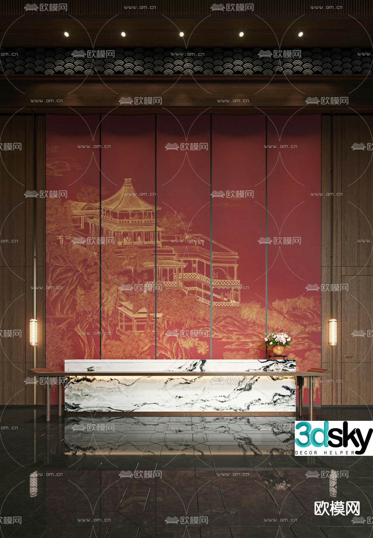 Chinese style front desk reception desk 3d model