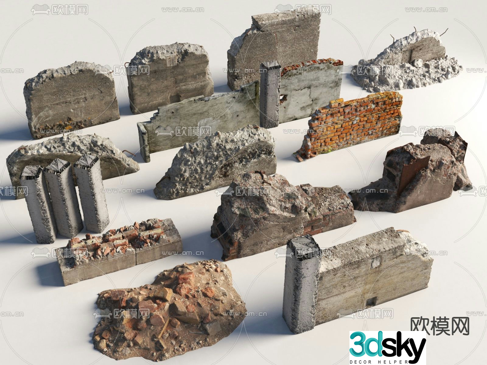 Landscape stone damaged red brick wall 3d model