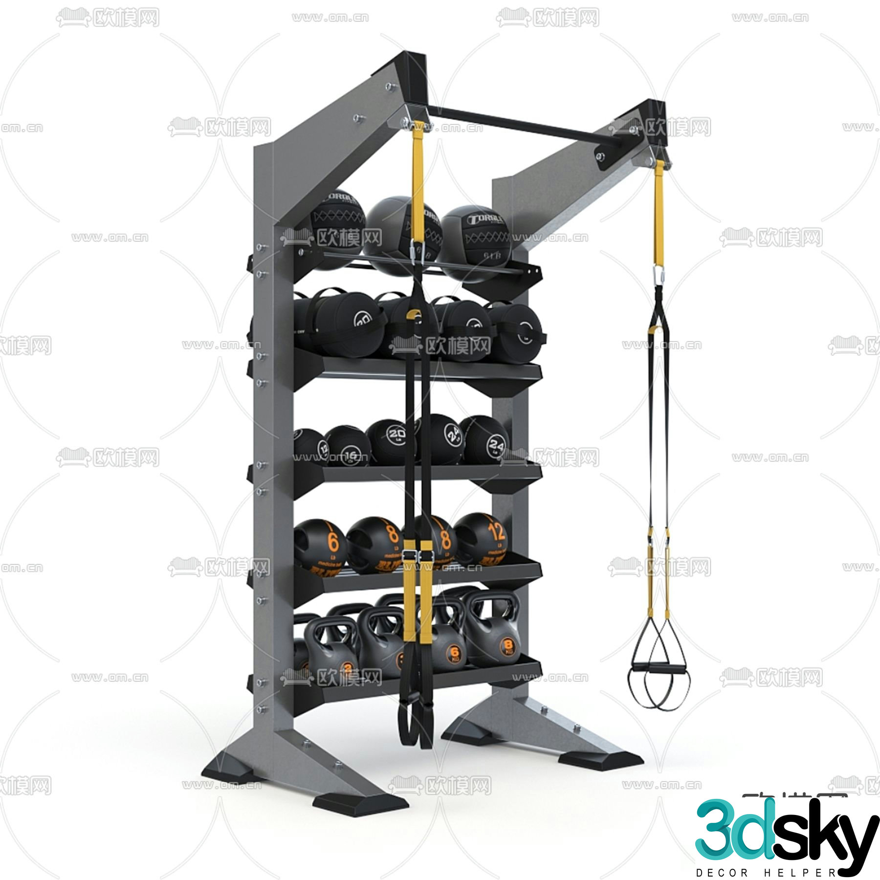 Fitness equipment dumbbells gym bag hanging rings 3d model