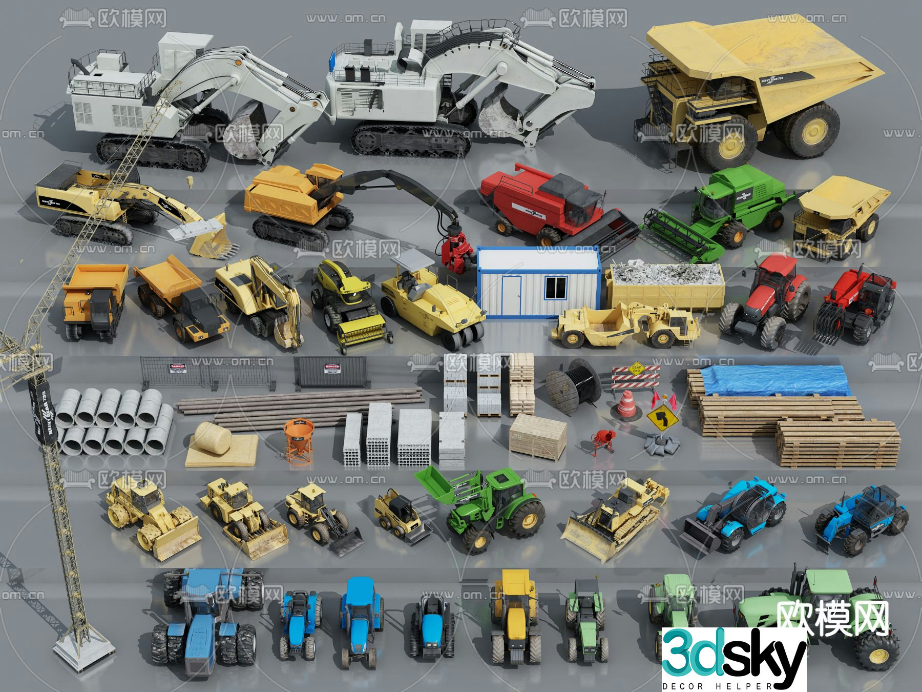 Engineering vehicle excavator bulldozer mixer truck 3d model