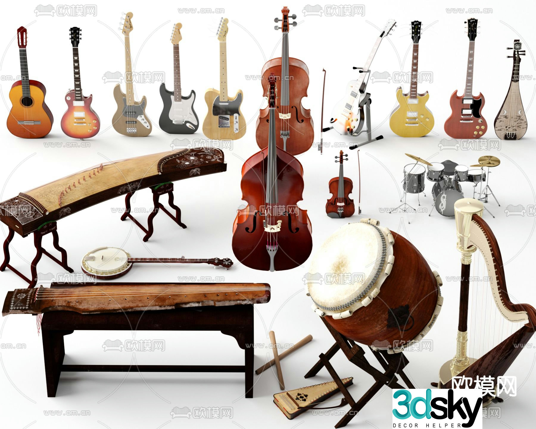 Cello, Guzheng, Pipa, Drum 3D model
