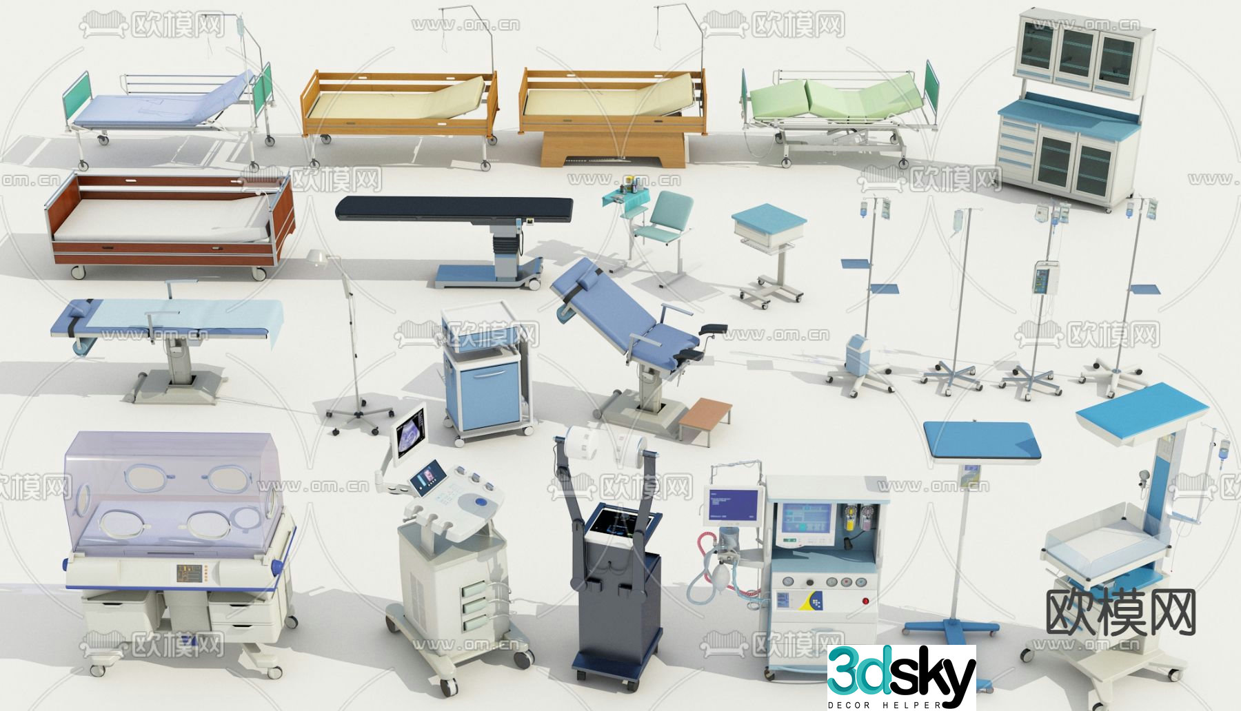 Hospital bed, incubator, operating bed, IV stand 3D model