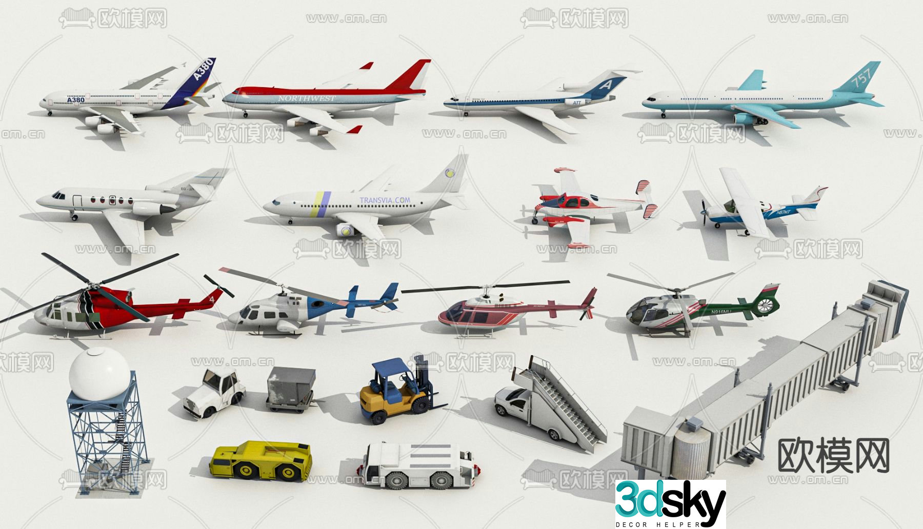 airplane passenger plane helicopter tower tractor 3d model