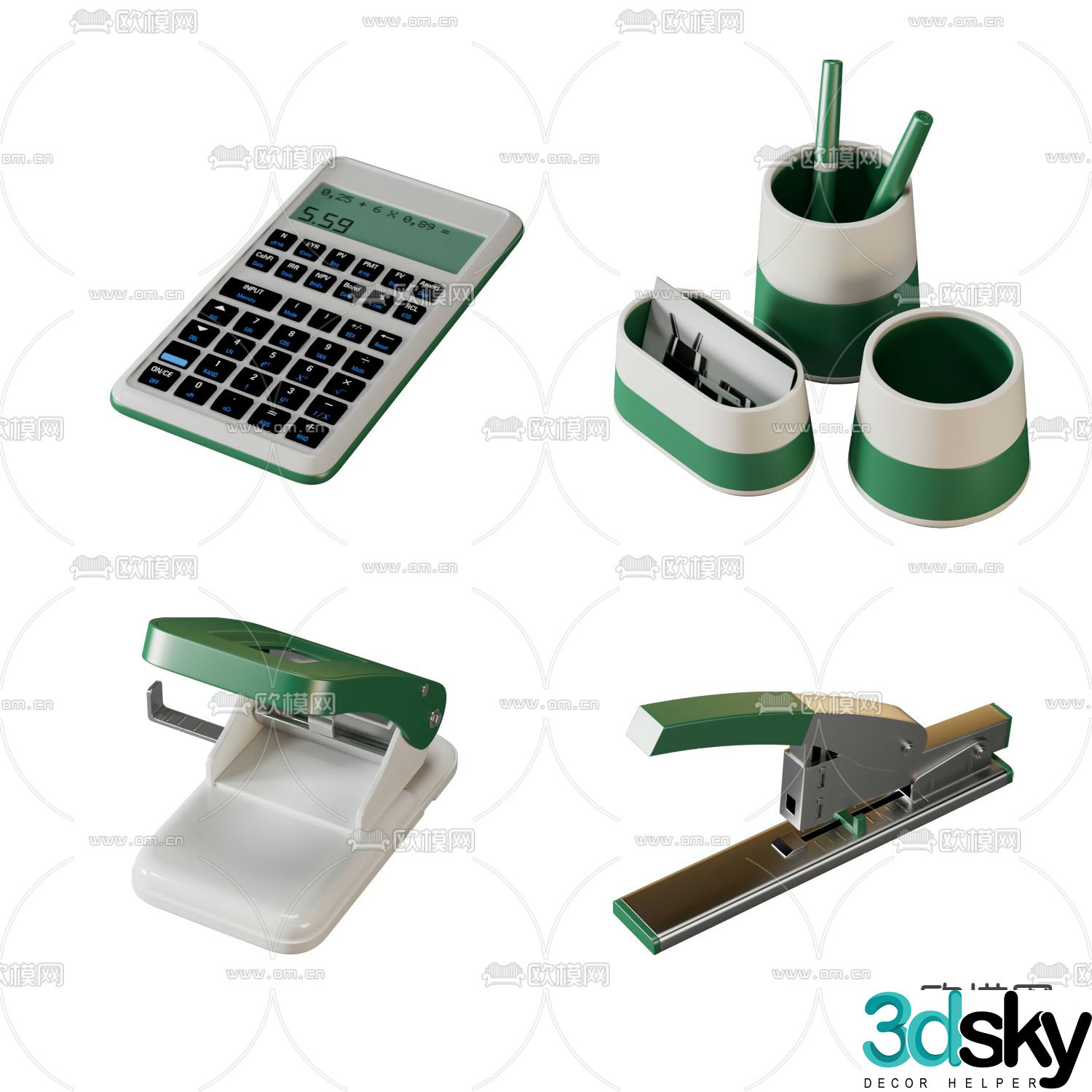 Stationery office supplies calculator pen holder business card box stapler 3d model