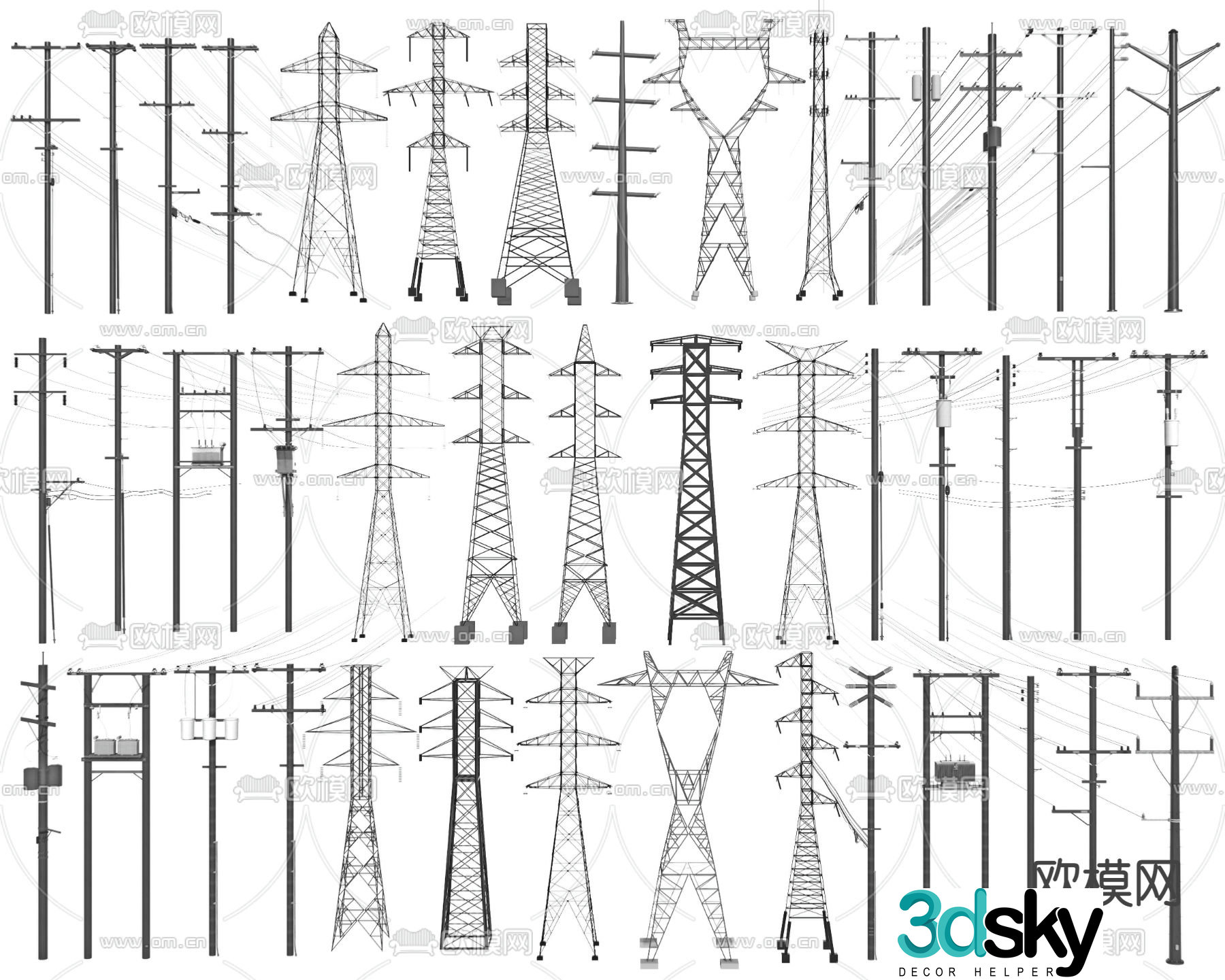 Electric pole, high voltage electricity tower, high voltage line, cable pole, signal tower 3D model