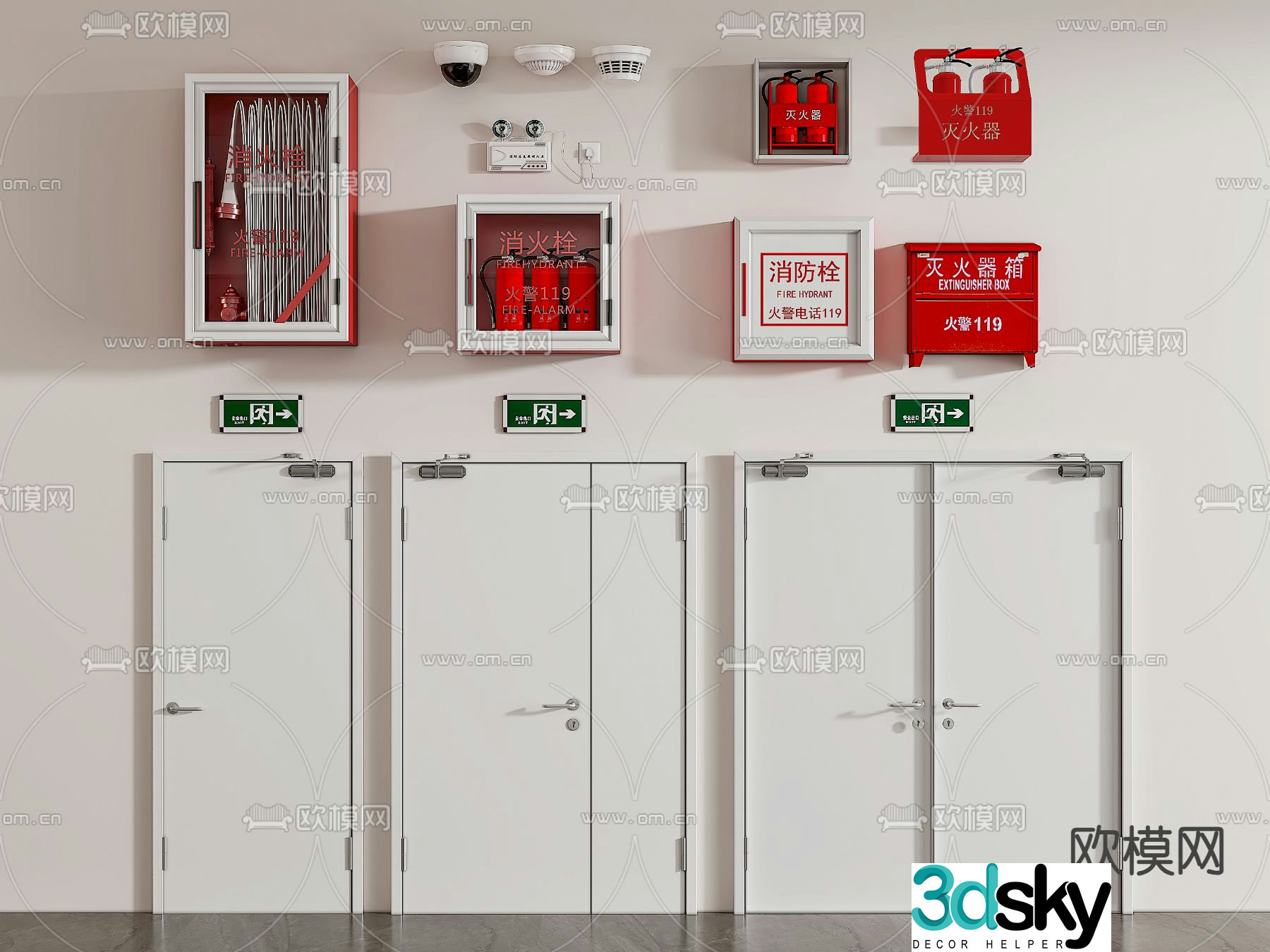 fire door fire door fire extinguisher fire hydrant emergency light 3d model