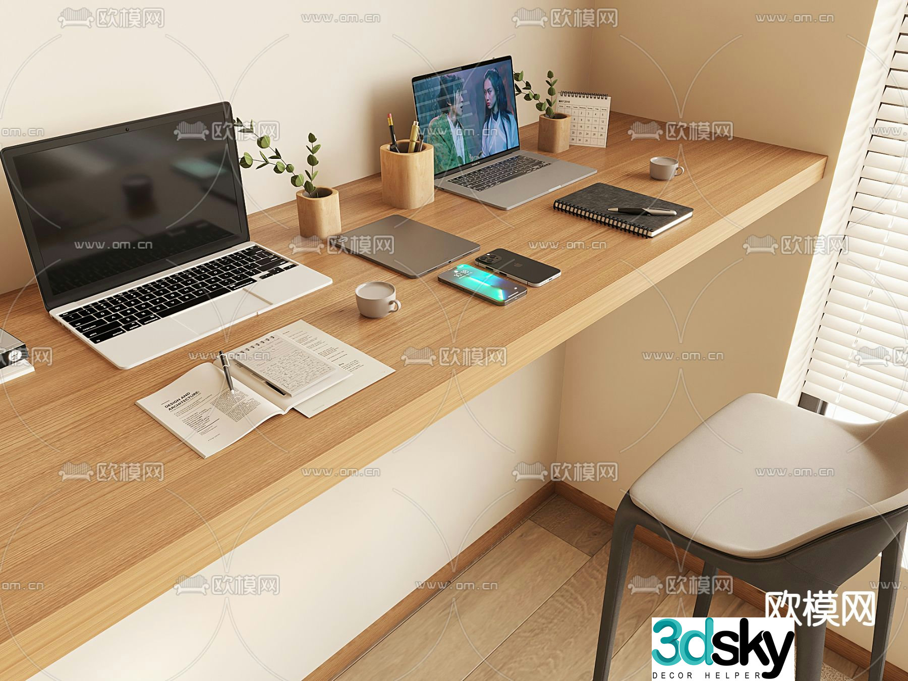 office supplies laptop book notebook calendar 3d model