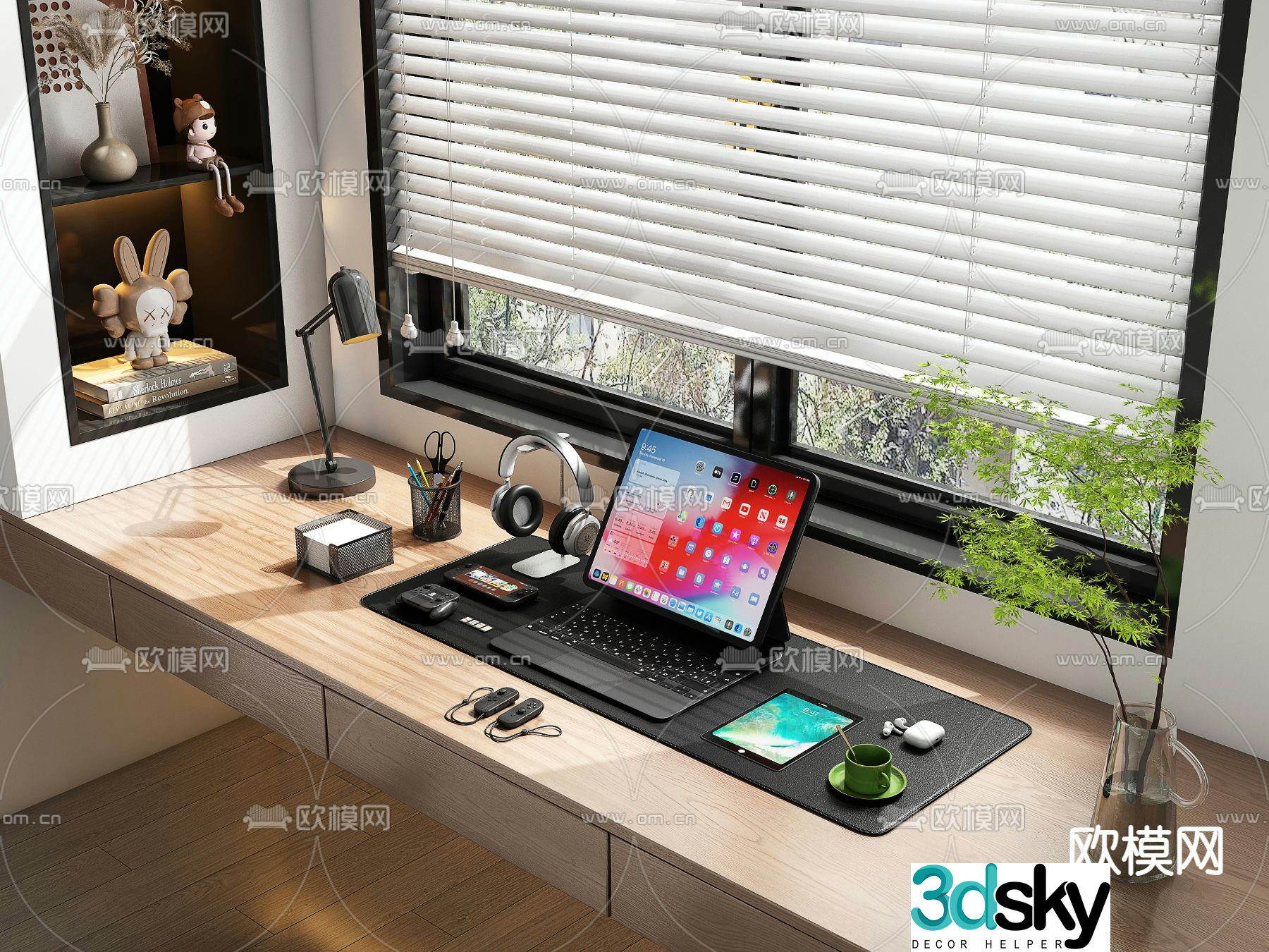 Office supplies computer tablet headphones pen holder 3d model