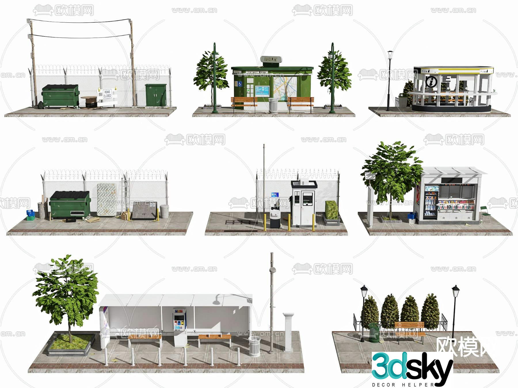 Bus stop, newsstand, garbage station 3D model