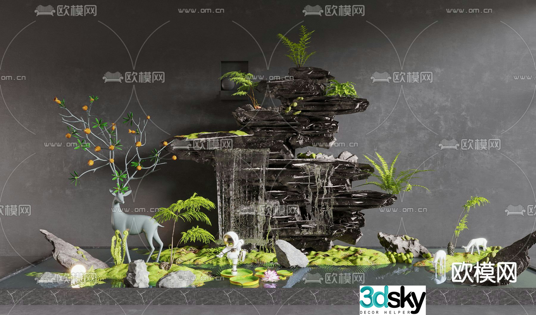 Landscape sketch rockery and waterscape deer sculpture 3D model